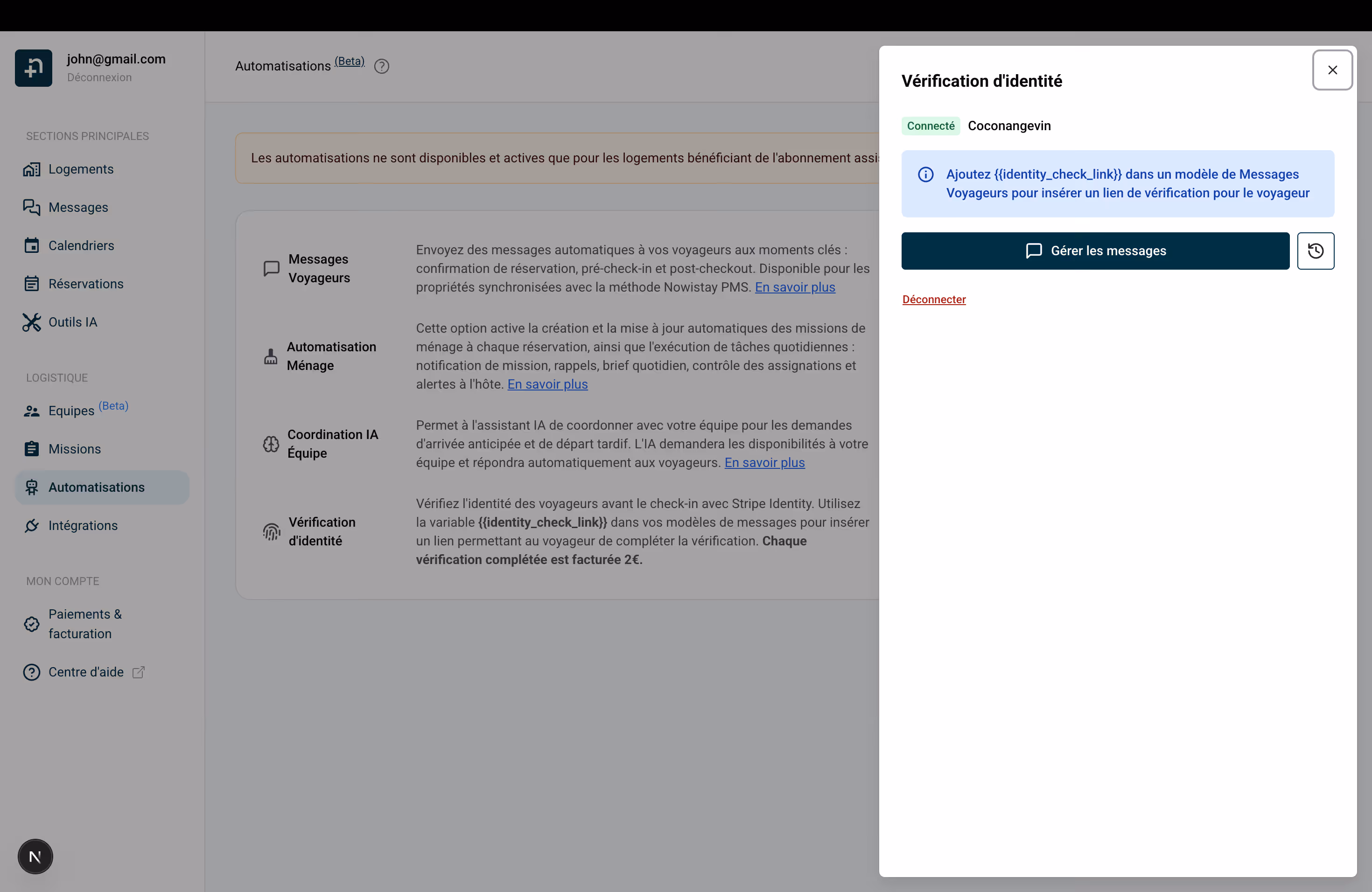 Panneau Vérification d'identité connecté avec bouton Gérer les messages