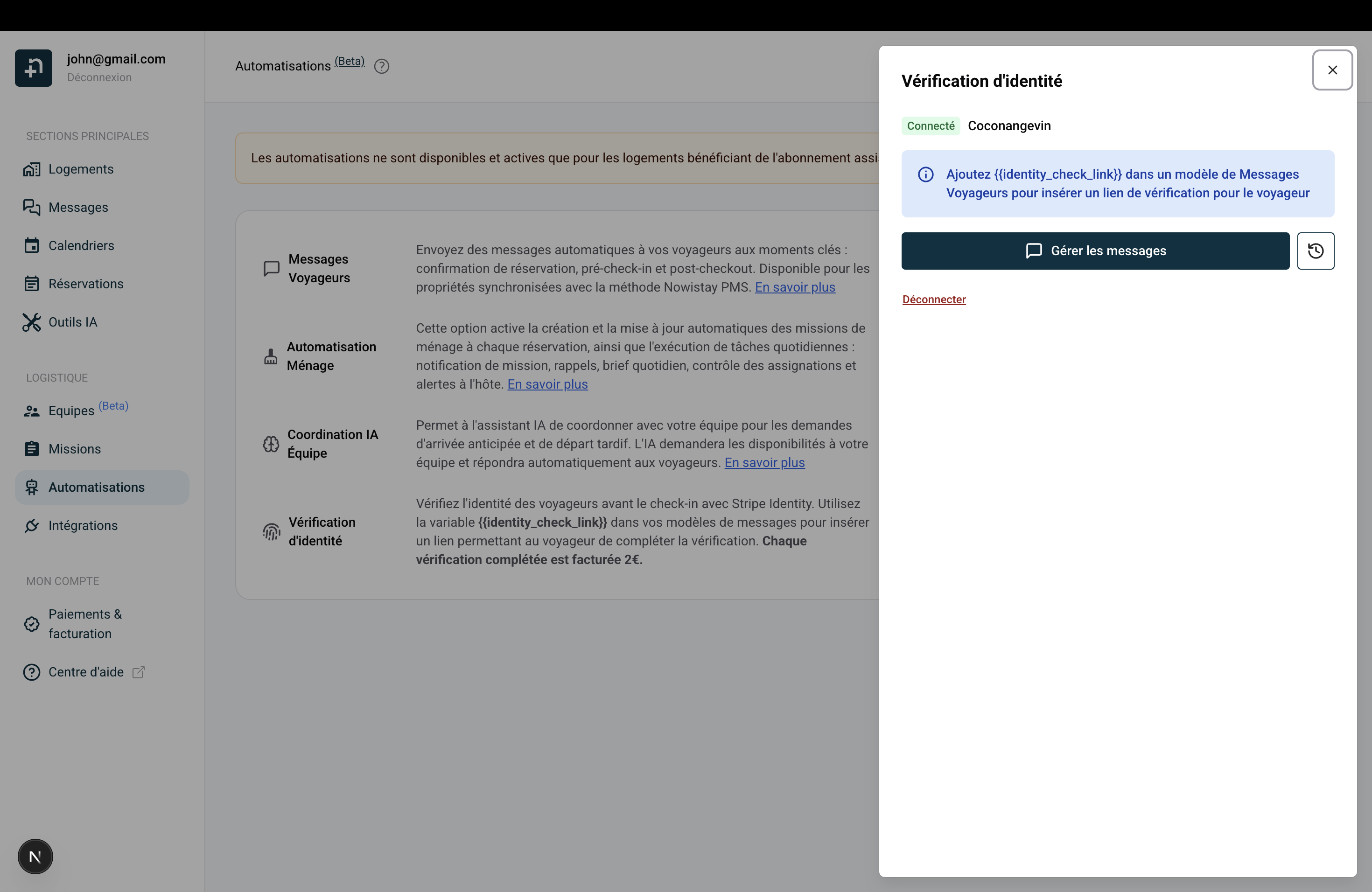 Panneau Vérification d'identité connecté avec bouton Gérer les messages