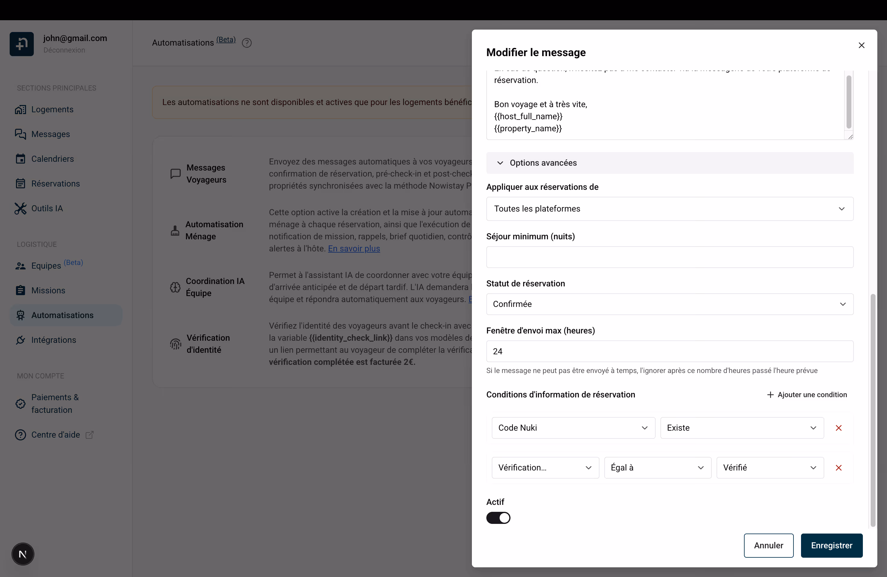 Options avancées du message avec condition Vérification d'identité égal à Vérifié