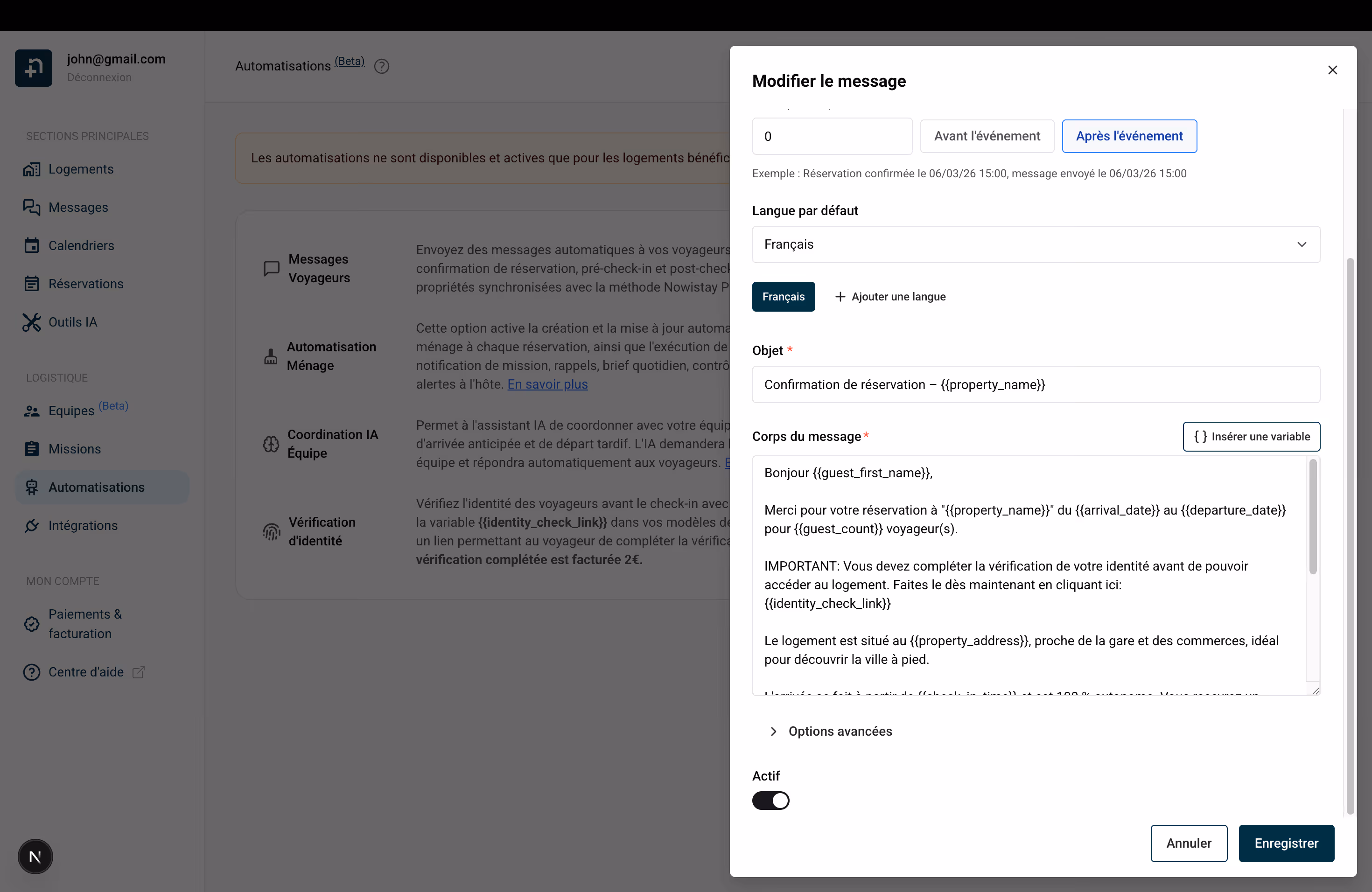 Dialogue de modification du message avec la variable identity_check_link dans le corps du message