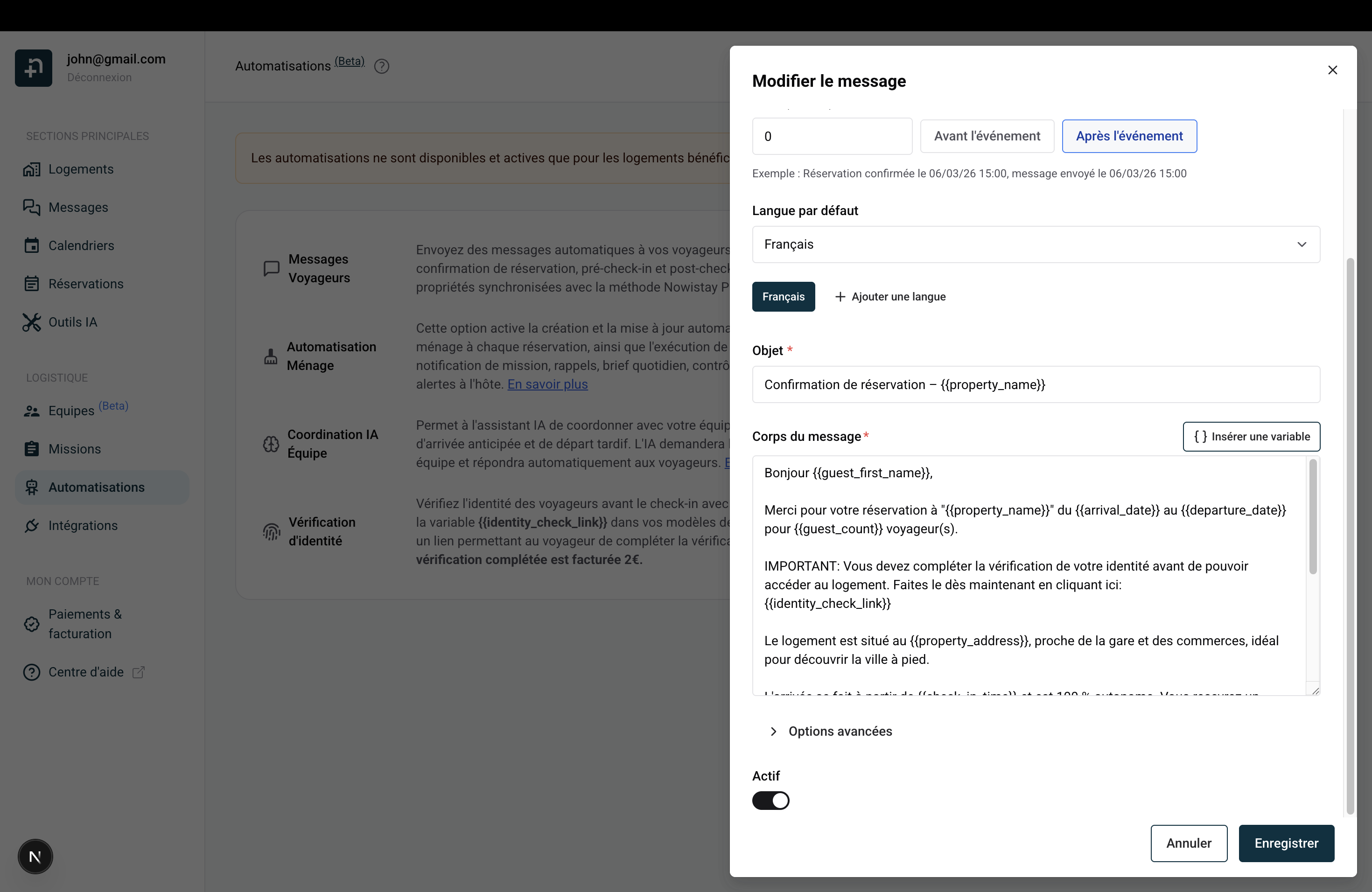 Dialogue de modification du message avec la variable identity_check_link dans le corps du message