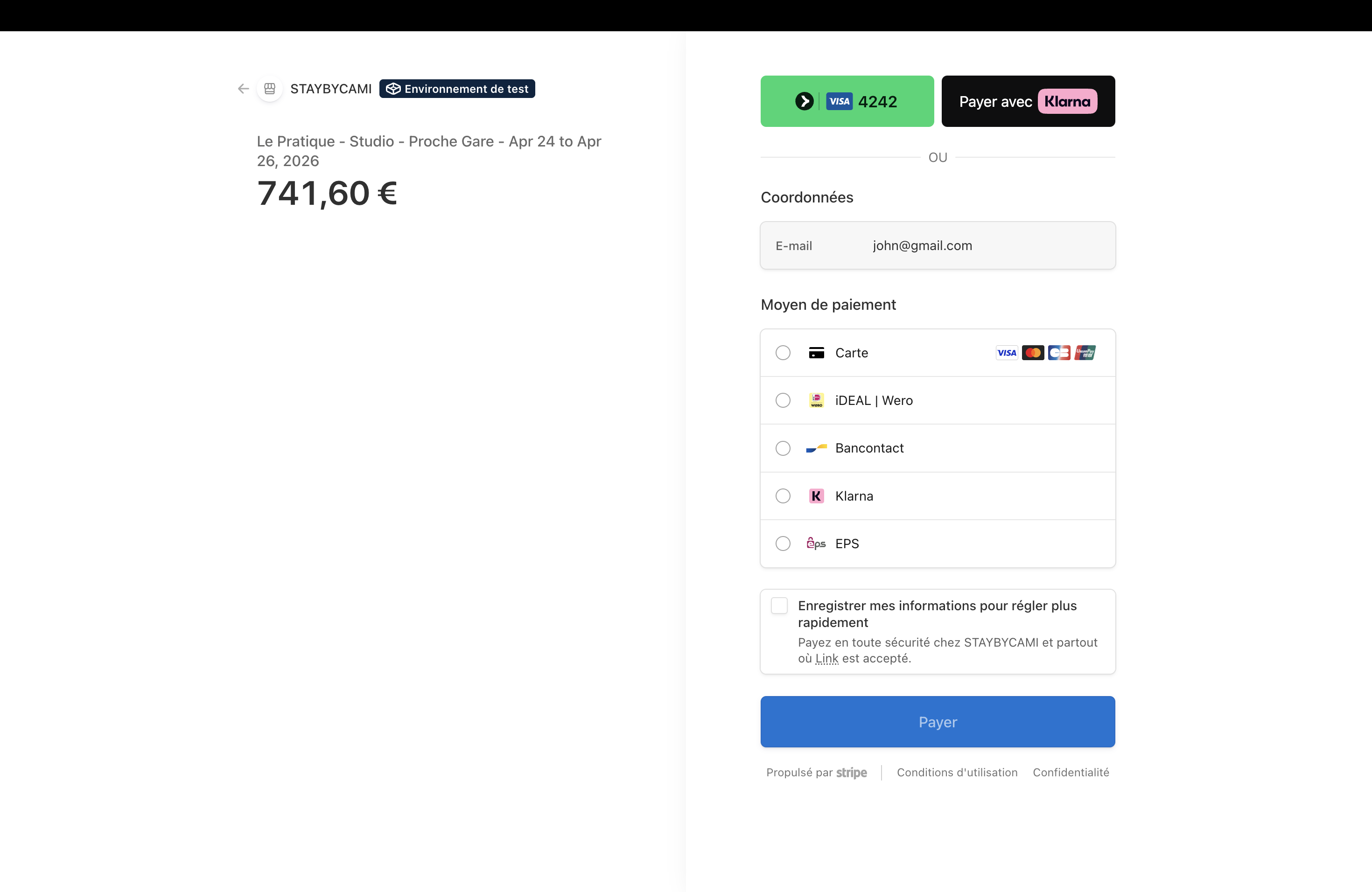 Page de paiement Stripe avec les moyens de paiement disponibles