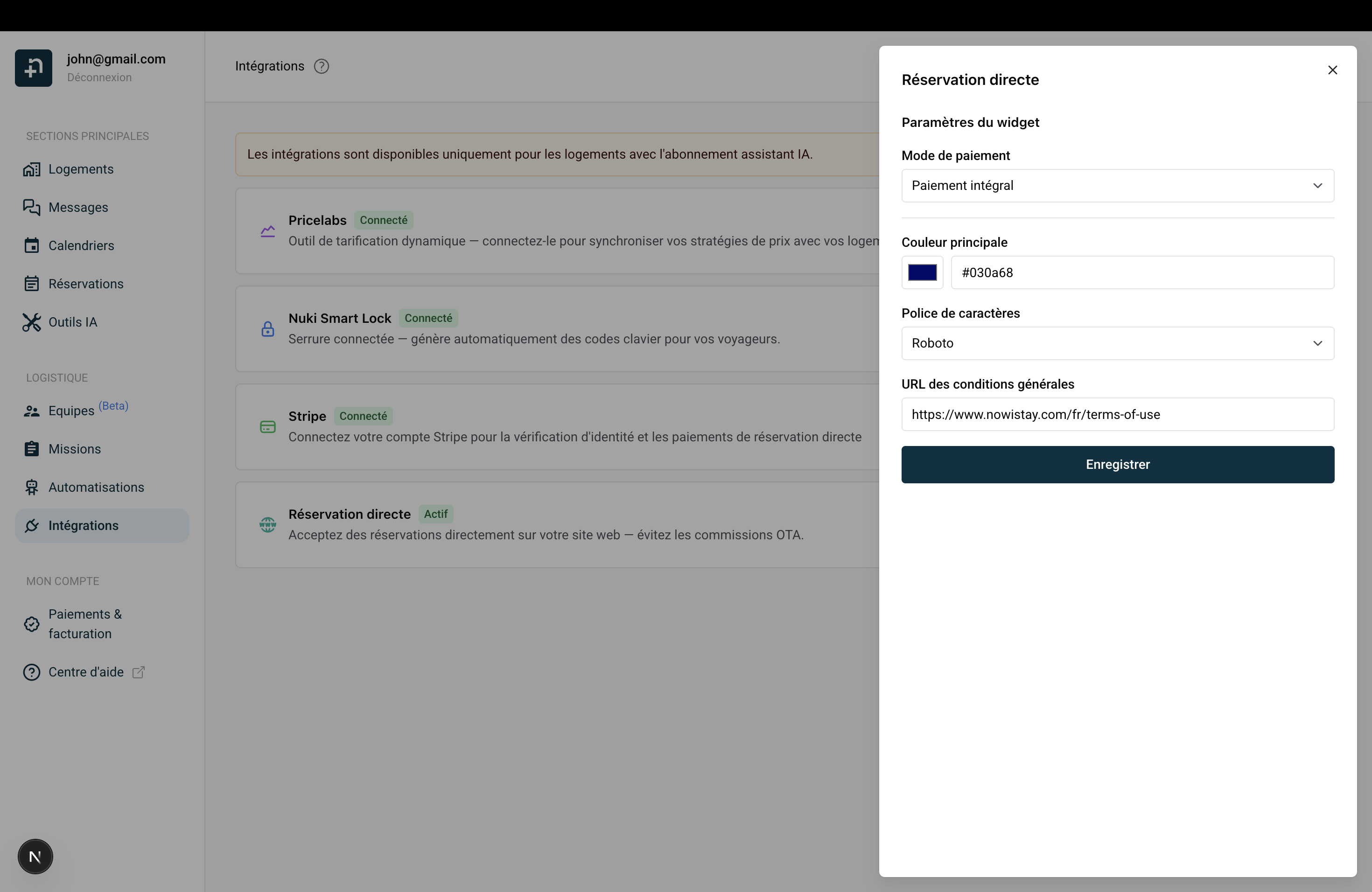 Paramètres du widget avec Paiement intégral sélectionné
