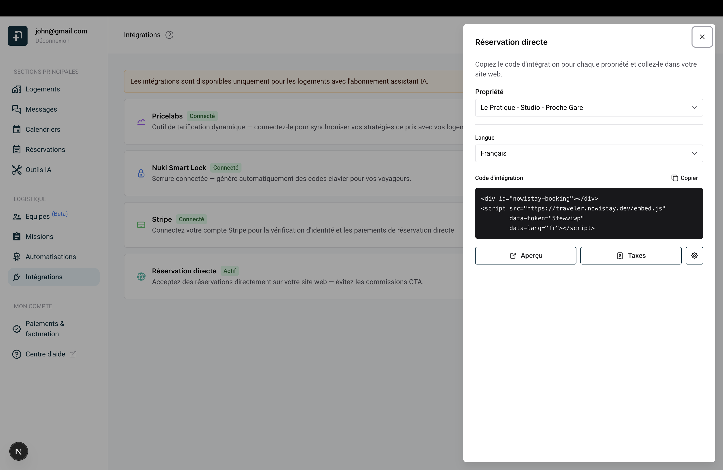 Panneau Réservation directe avec sélecteur de propriété, langue et code d'intégration