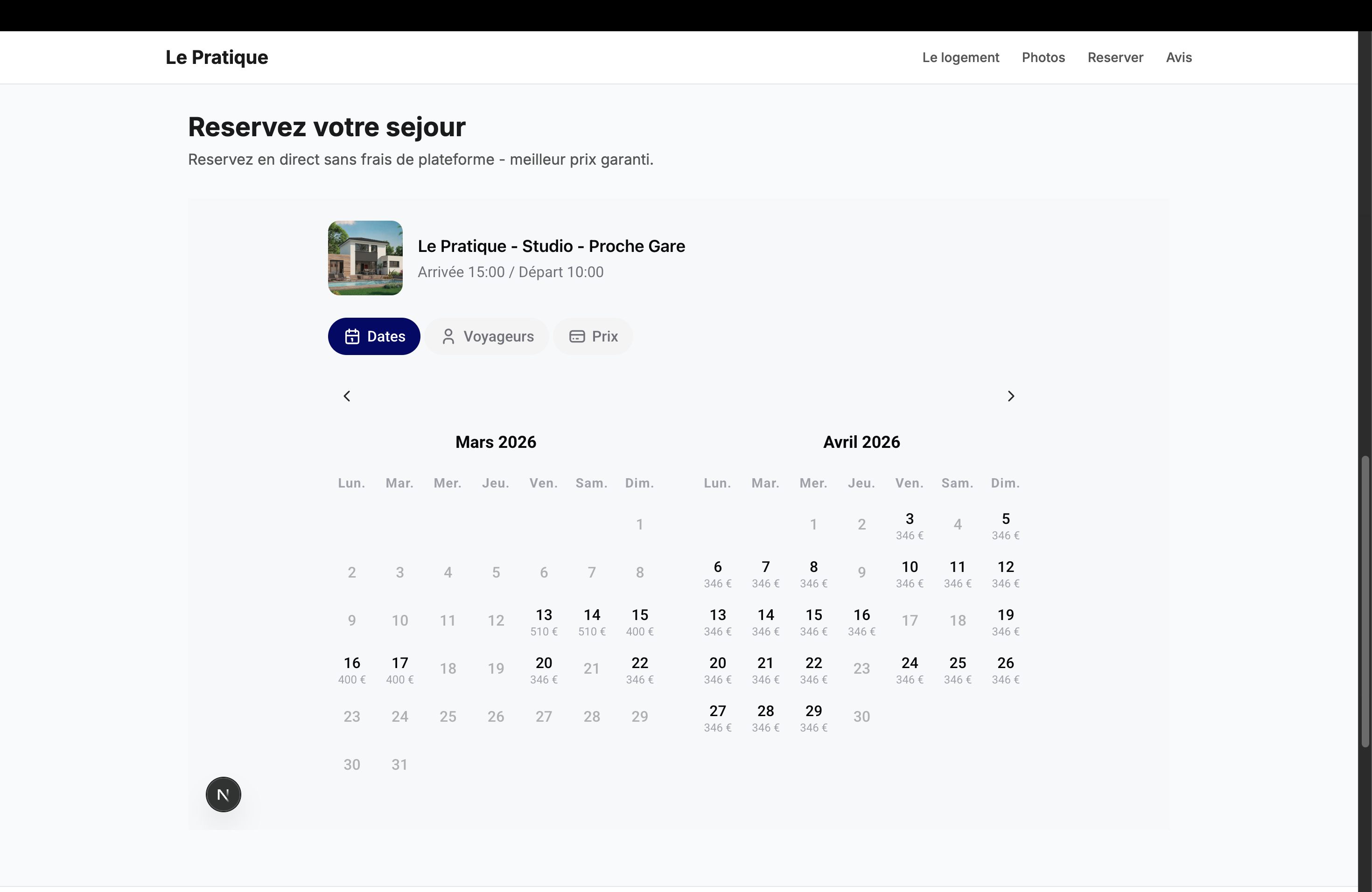 Vue calendrier avec dates disponibles et prix par nuit