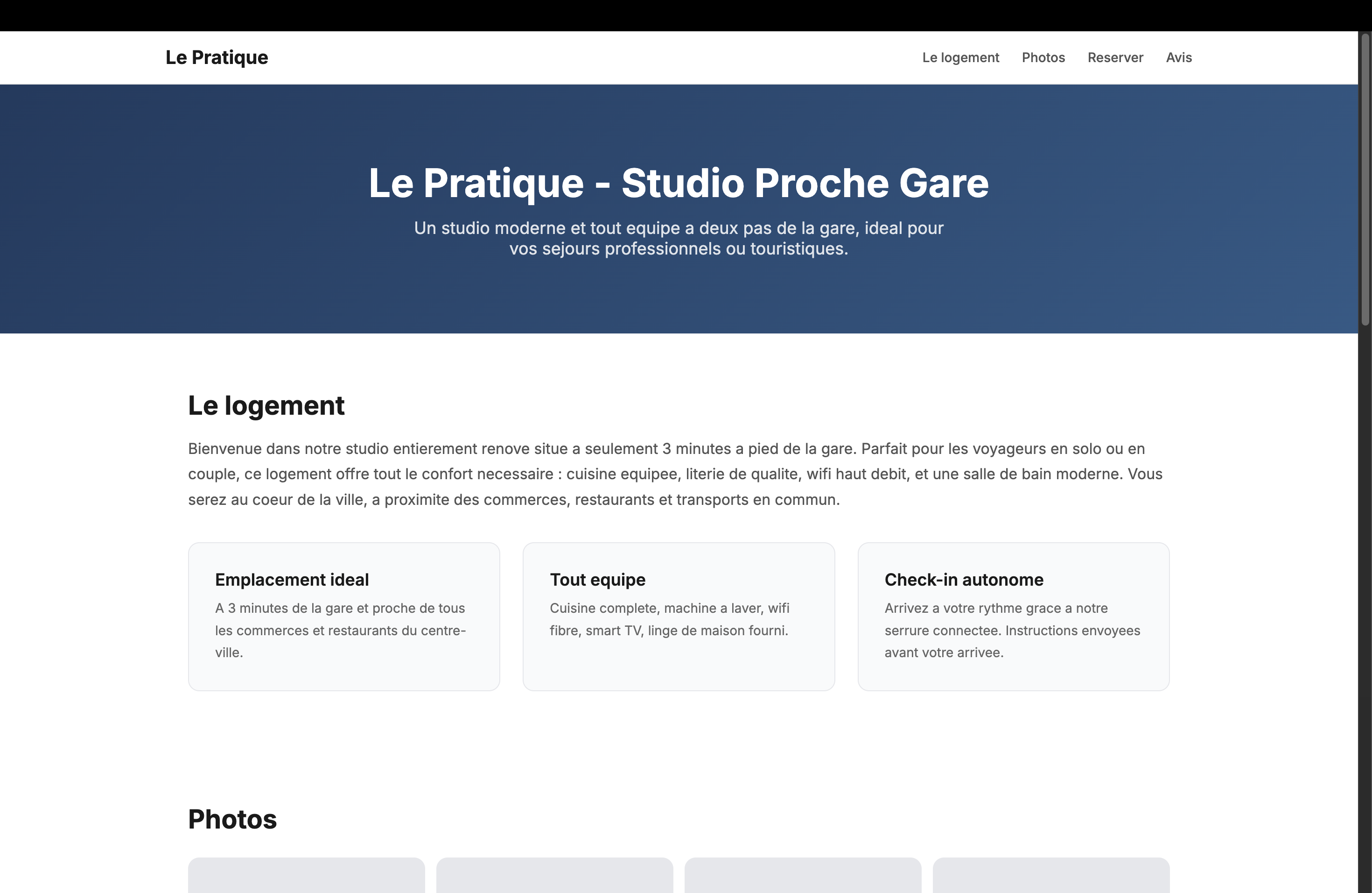 Exemple de site web avec le widget de réservation directe intégré