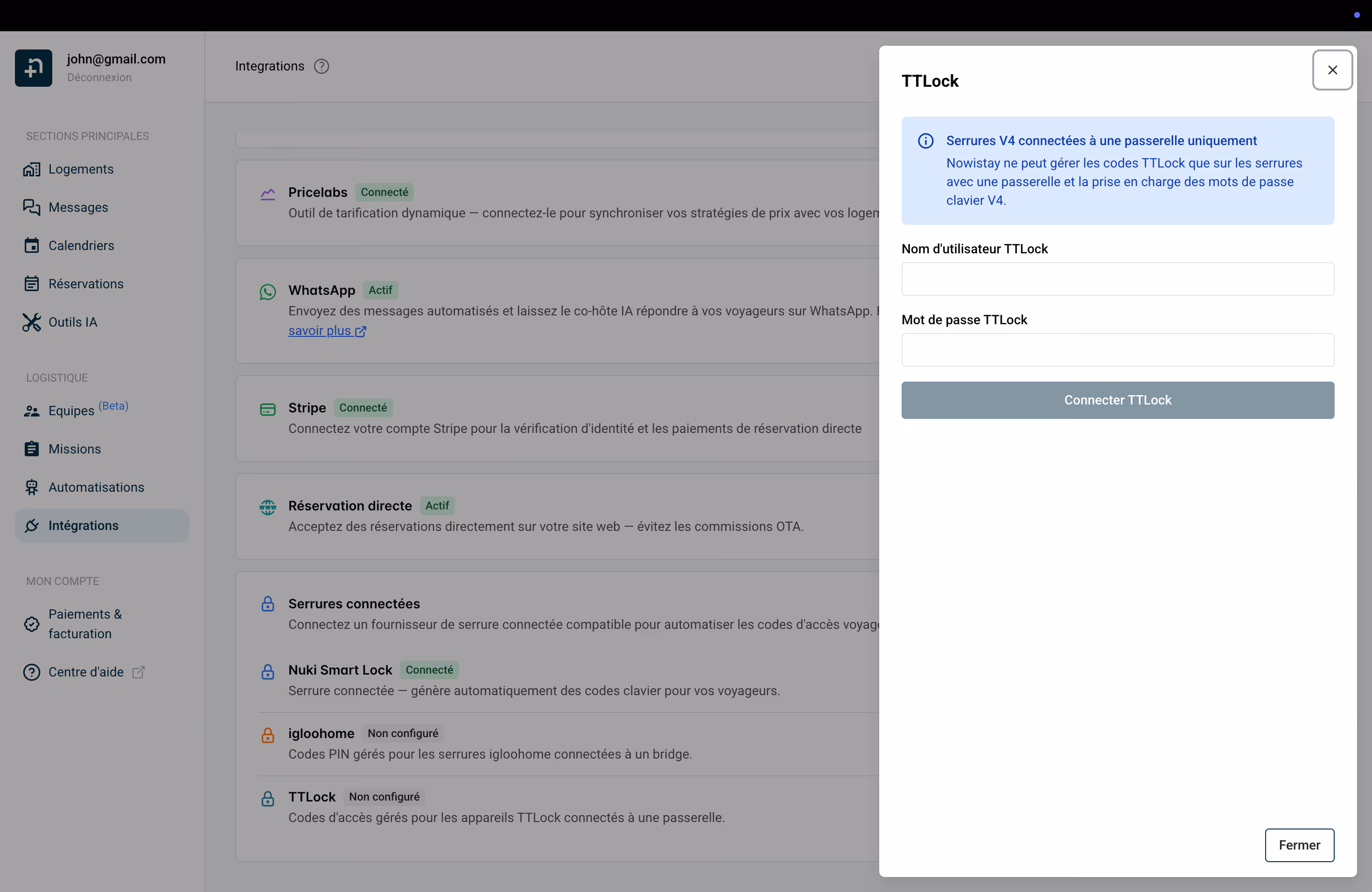 Panneau de connexion TTLock avec champs identifiant et mot de passe