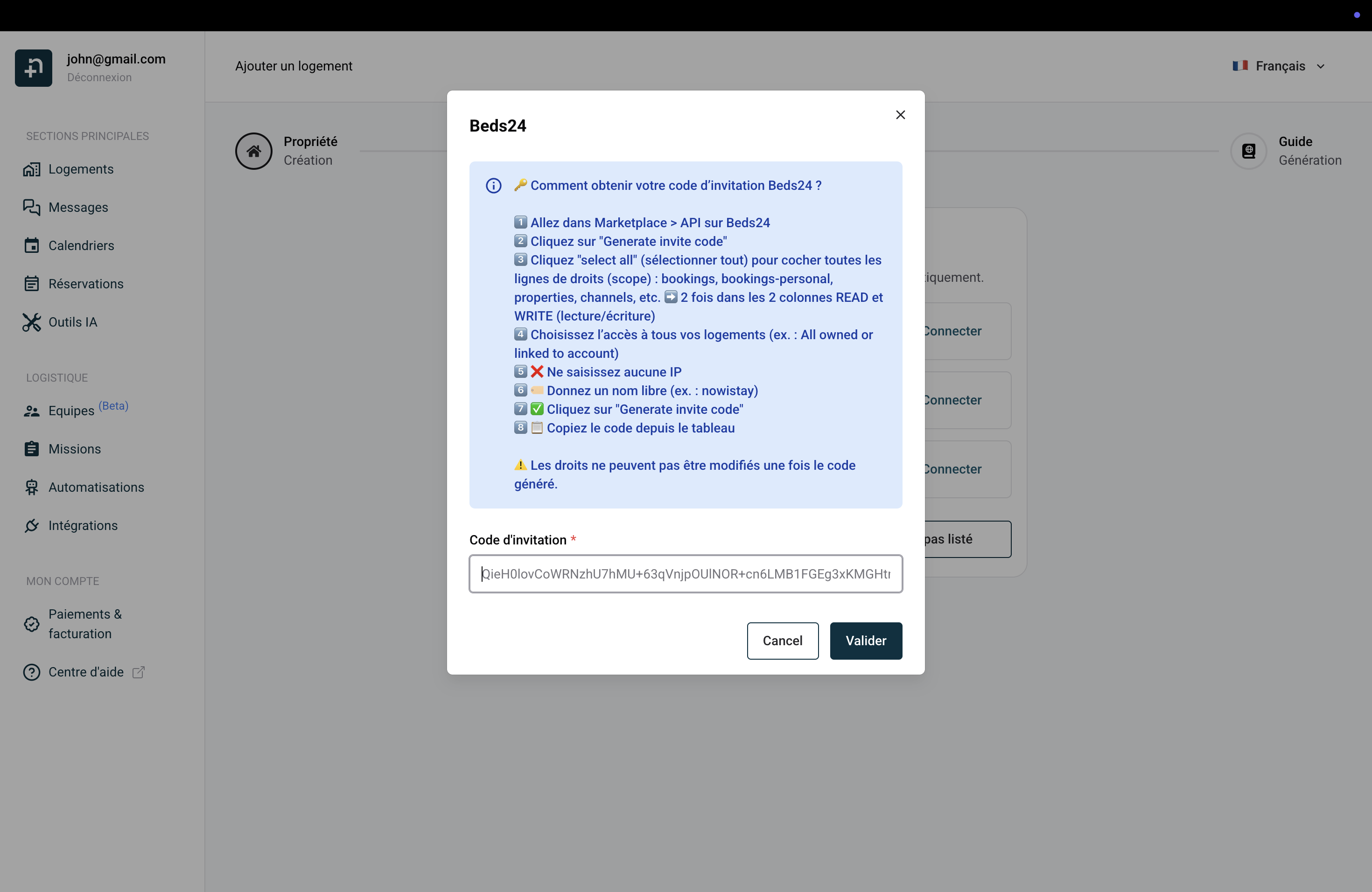Collez votre code d'invitation Beds24 et validez