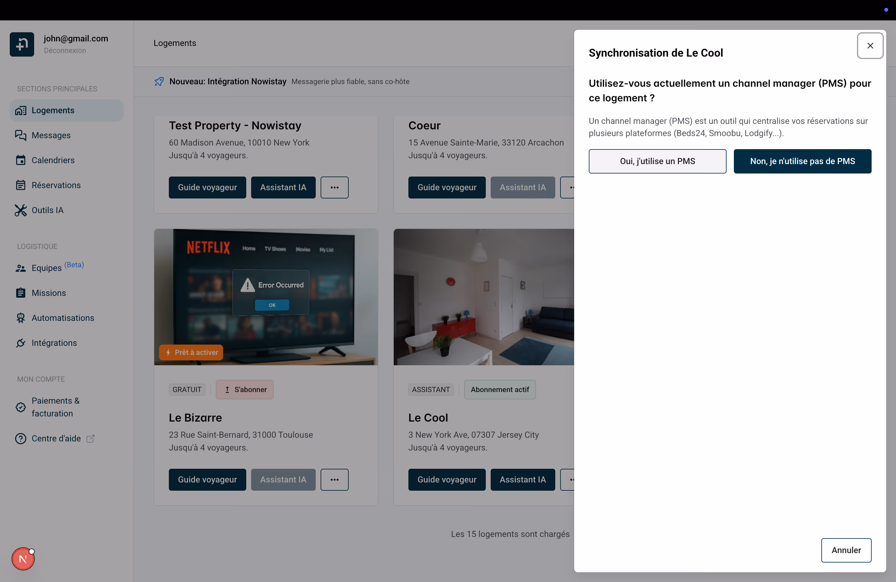 Fenêtre de synchronisation demandant si vous utilisez un PMS