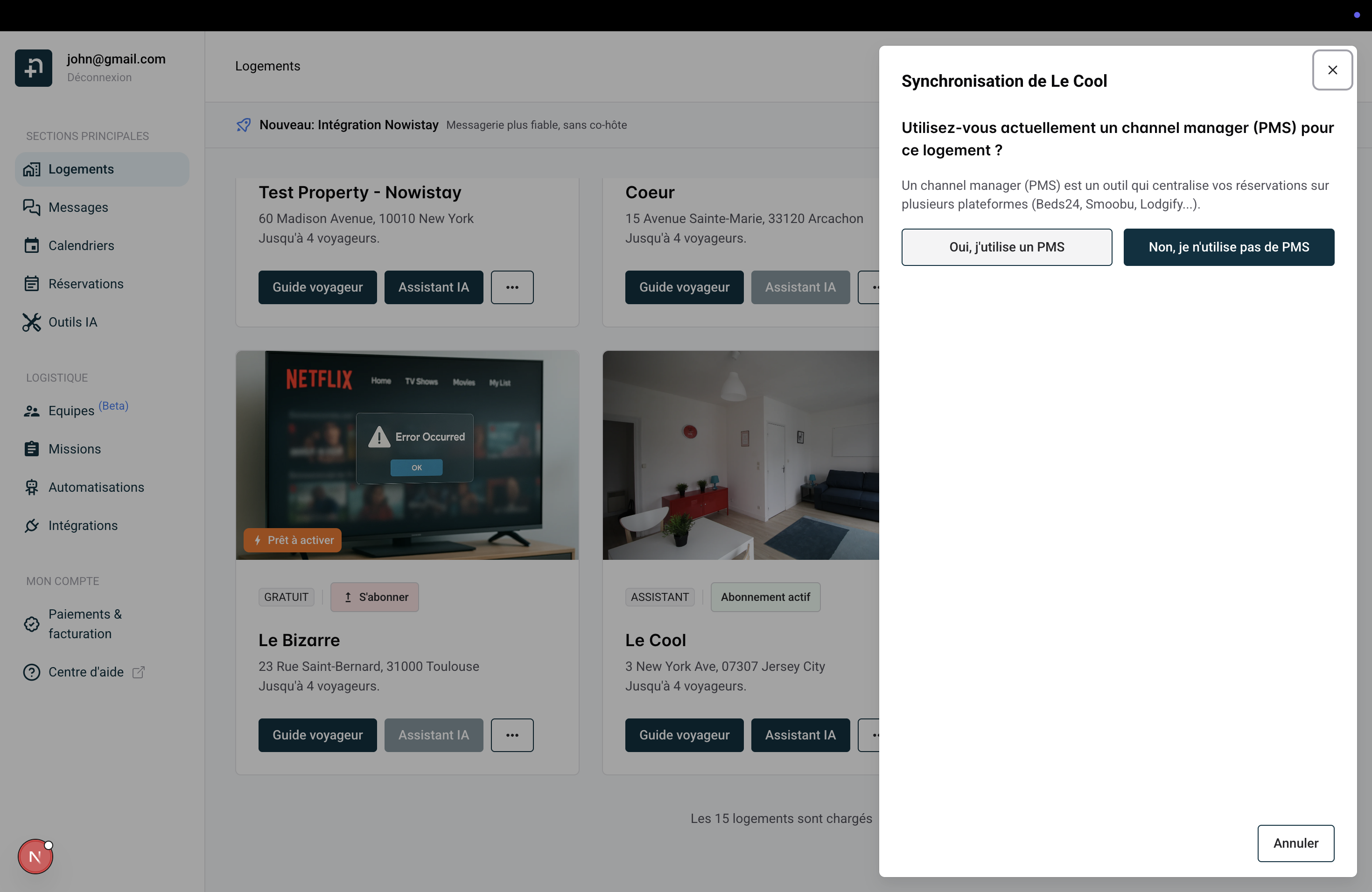 Fenêtre de synchronisation demandant si vous utilisez un PMS