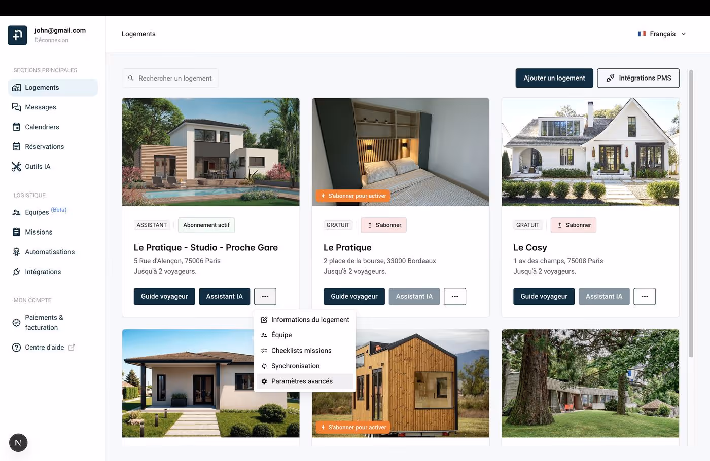 Page des logements montrant le menu trois points avec l'option Paramètres avancés