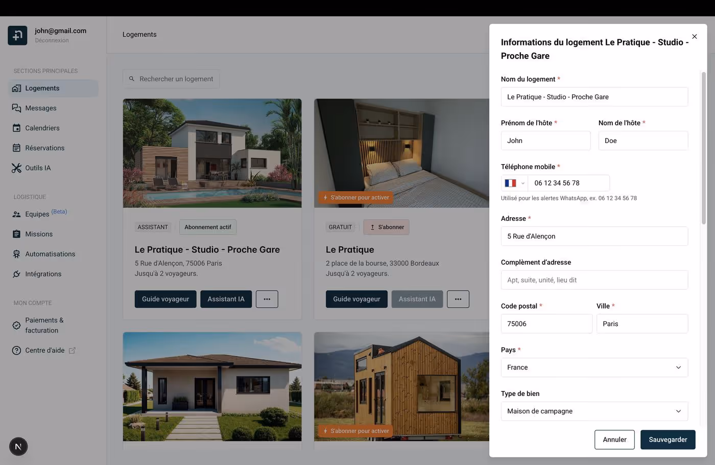 Formulaire d'informations du logement montrant le nom, les détails de l'hôte, le téléphone, l'adresse et le type de bien