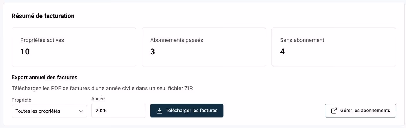 Section d'export annuel des factures avec les sélecteurs de propriété et d'année et le bouton Télécharger les factures
