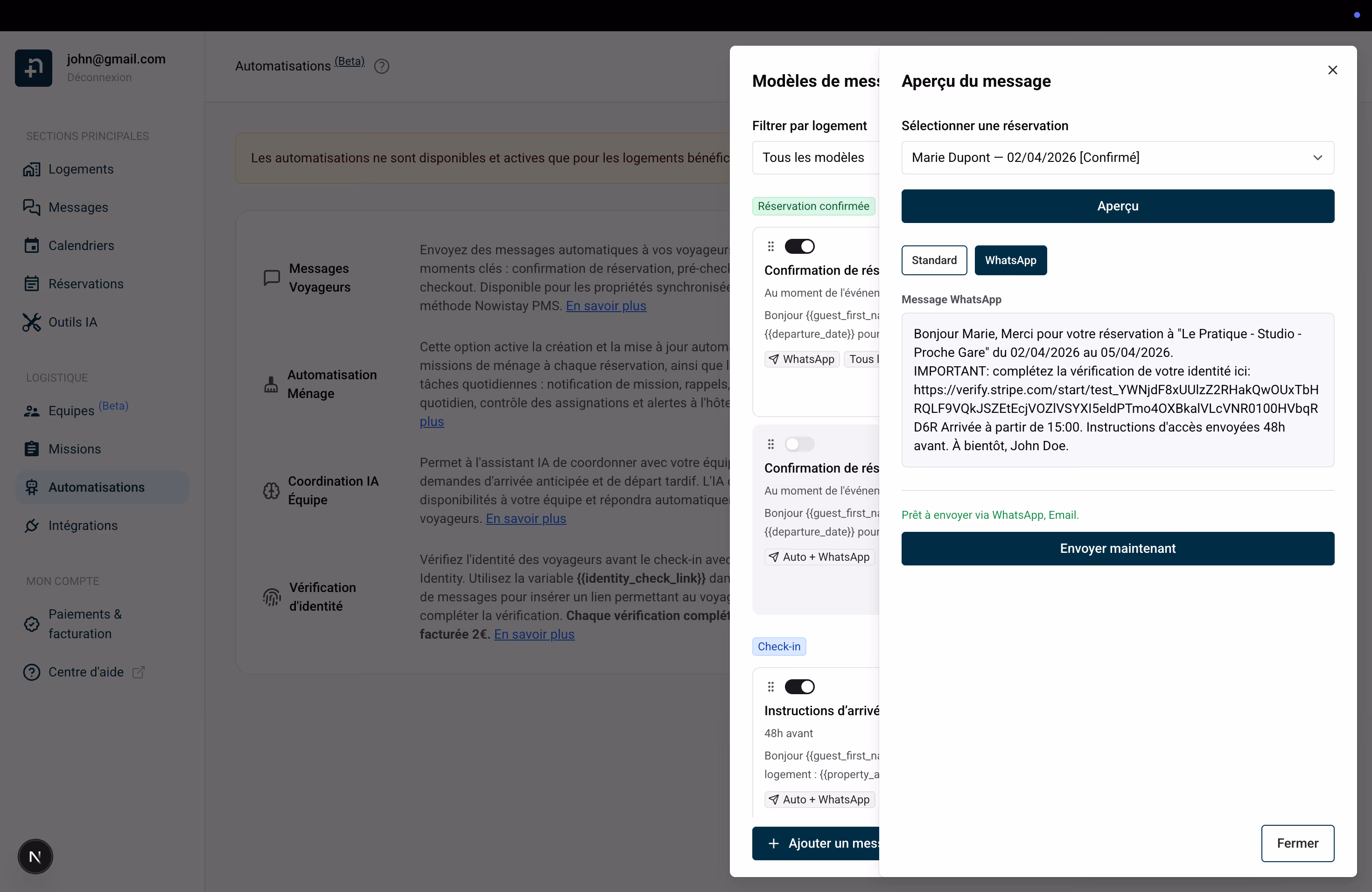 Panneau de prévisualisation montrant l'onglet WhatsApp avec les variables résolues et le bouton Envoyer maintenant