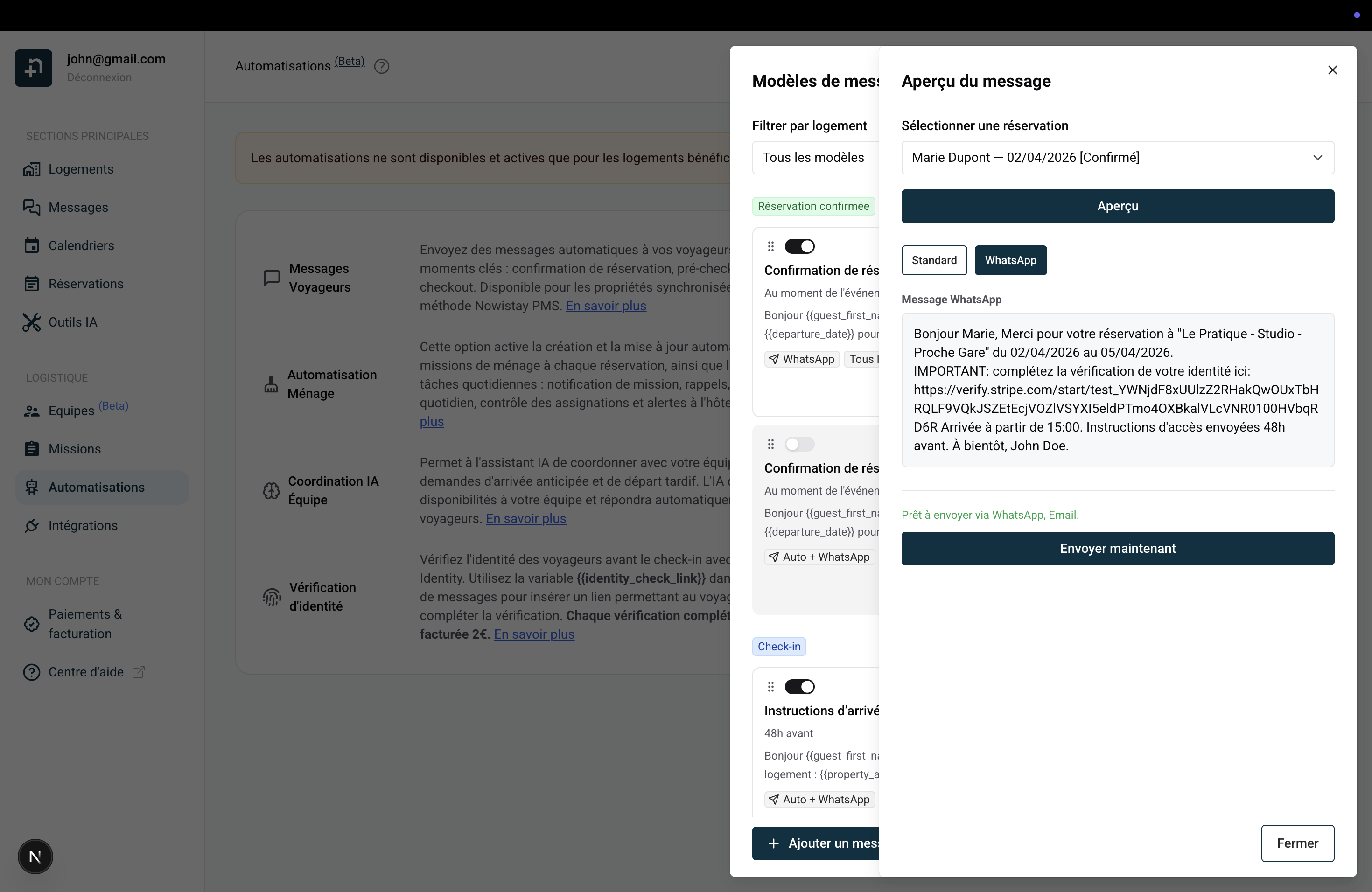 Panneau de prévisualisation montrant l'onglet WhatsApp avec les variables résolues et le bouton Envoyer maintenant
