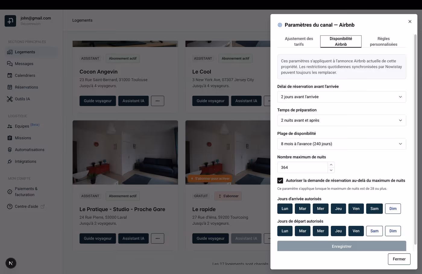 Fenêtre des paramètres du canal montrant l'onglet Disponibilité Airbnb avec toutes les options