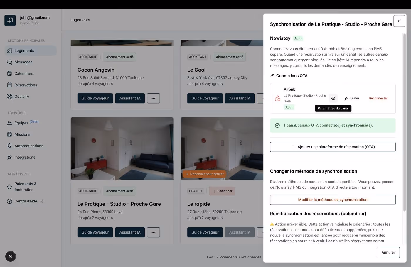 Tiroir de synchronisation montrant le canal Airbnb avec le bouton Paramètres du canal