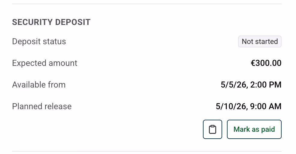 Security Deposit section in the booking detail with status, expected amount, available from and planned release