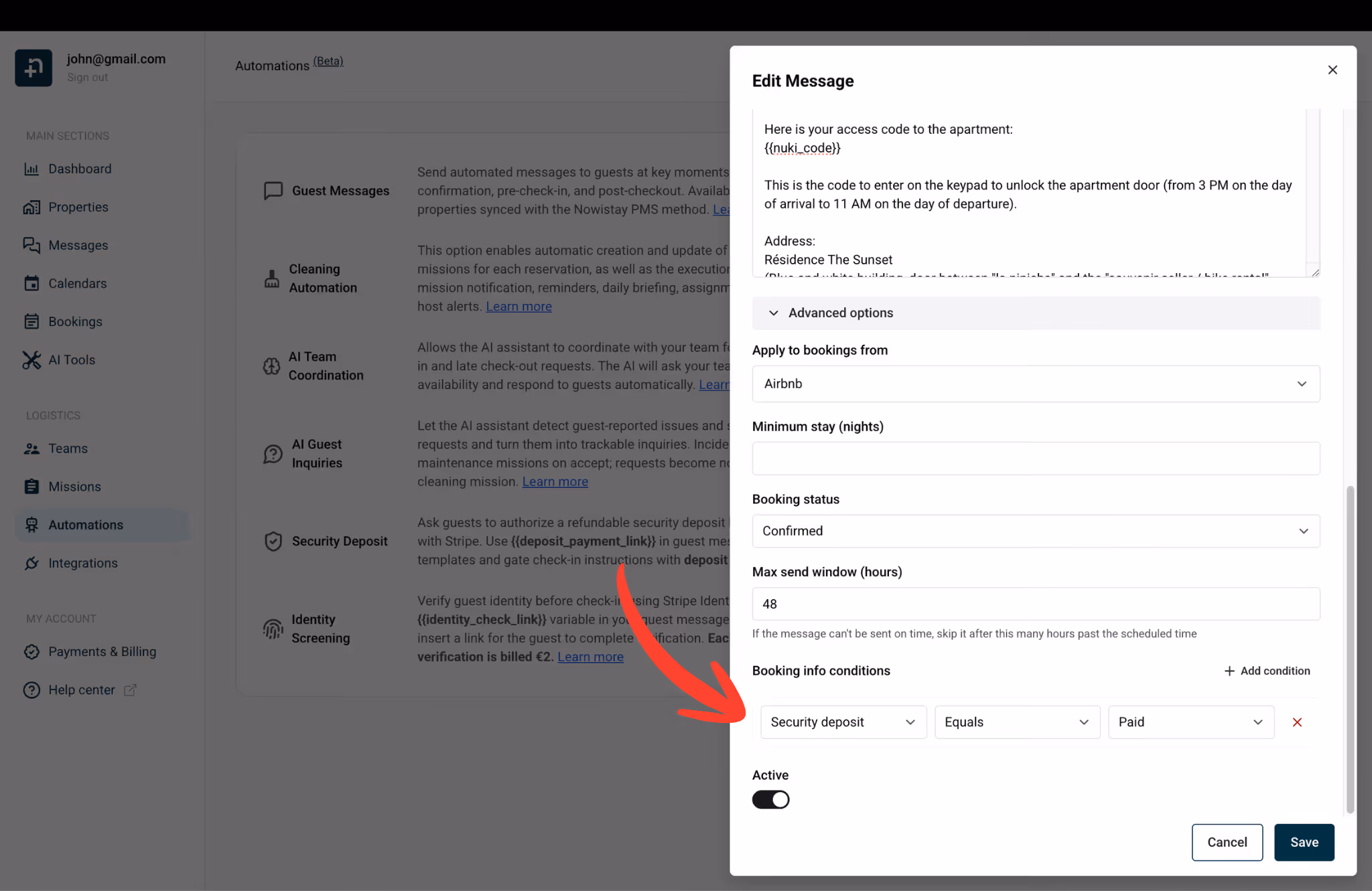Booking info conditions set to Security deposit equals Paid in the message template editor