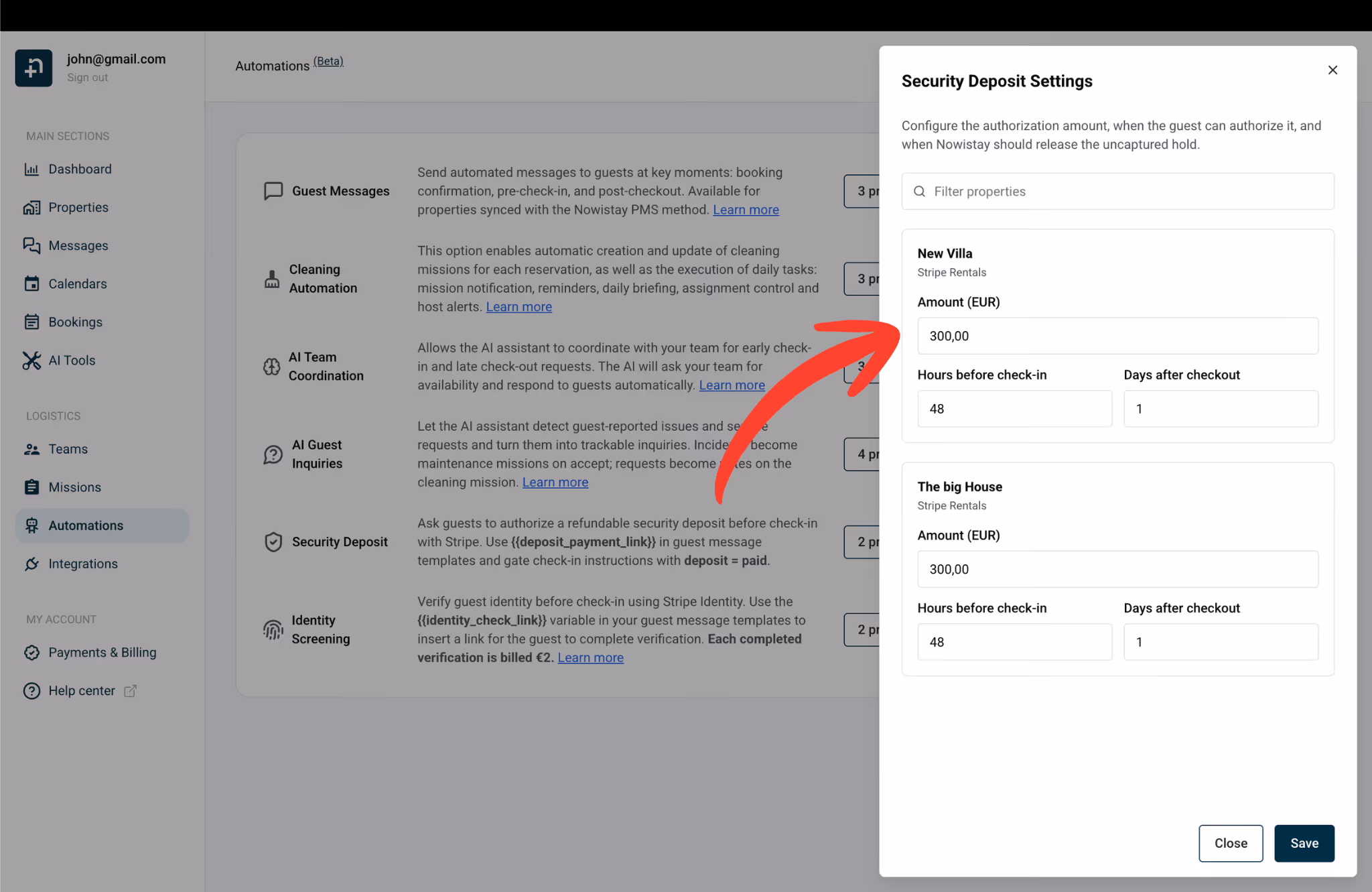 Security Deposit Settings drawer with amount, hours before check-in and days after checkout