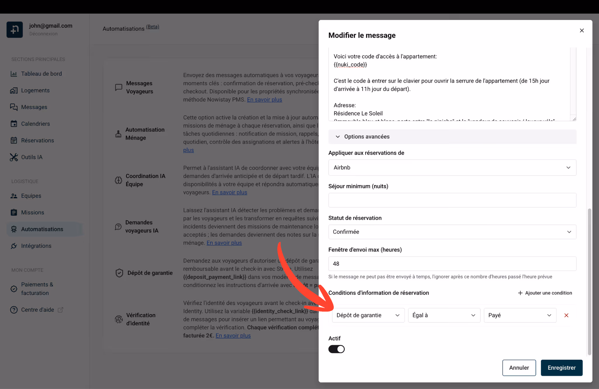 Conditions d'information de réservation : Dépôt de garantie égal à Payé dans l'éditeur de modèle