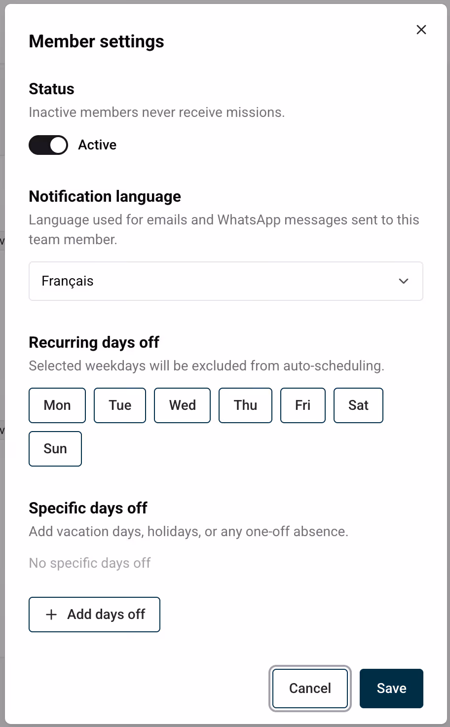 Team member settings panel — availability, language, active toggle