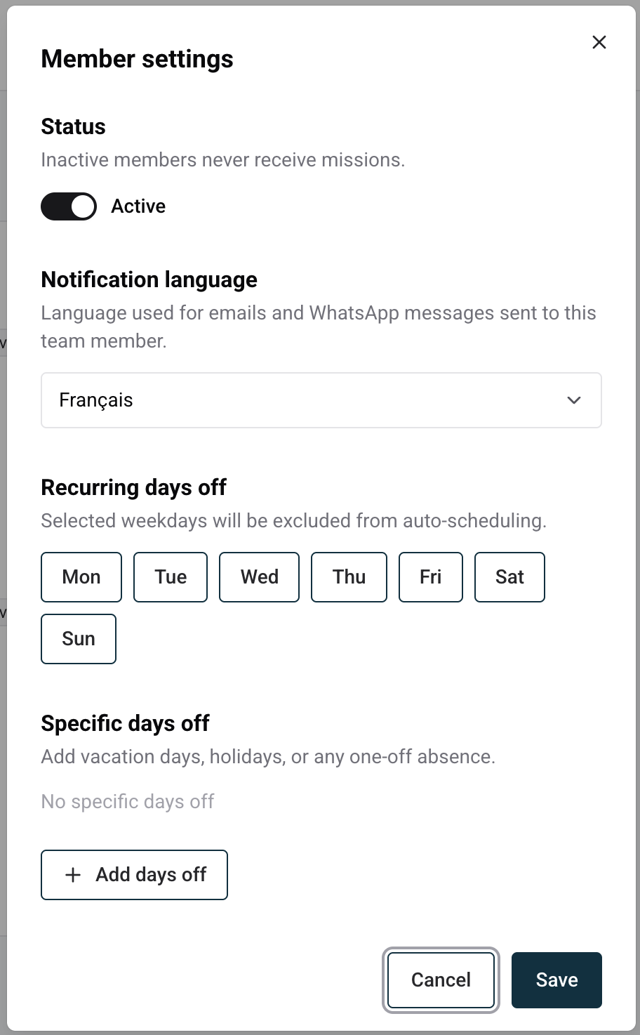 Team member settings panel β availability, language, active toggle
