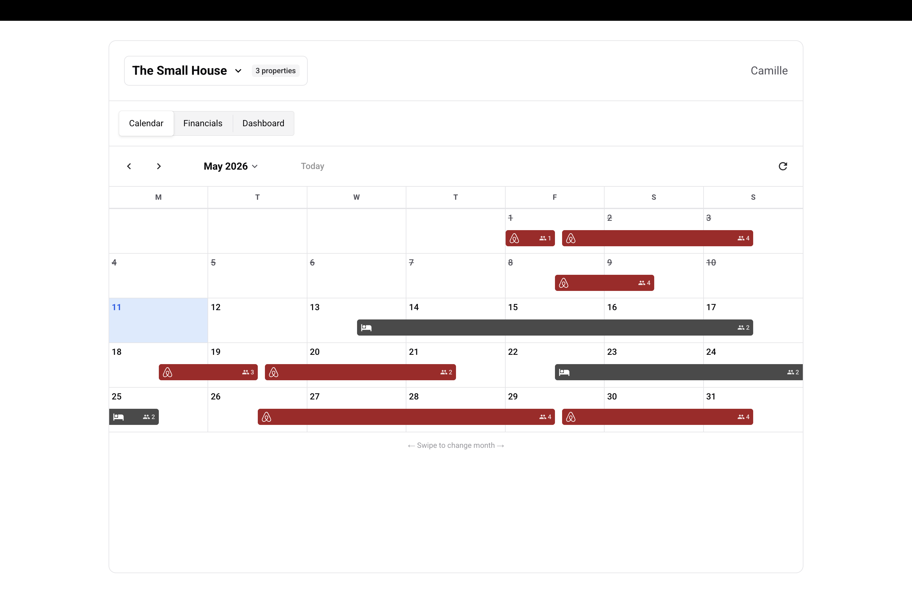 Calendar tab on the shared dashboard