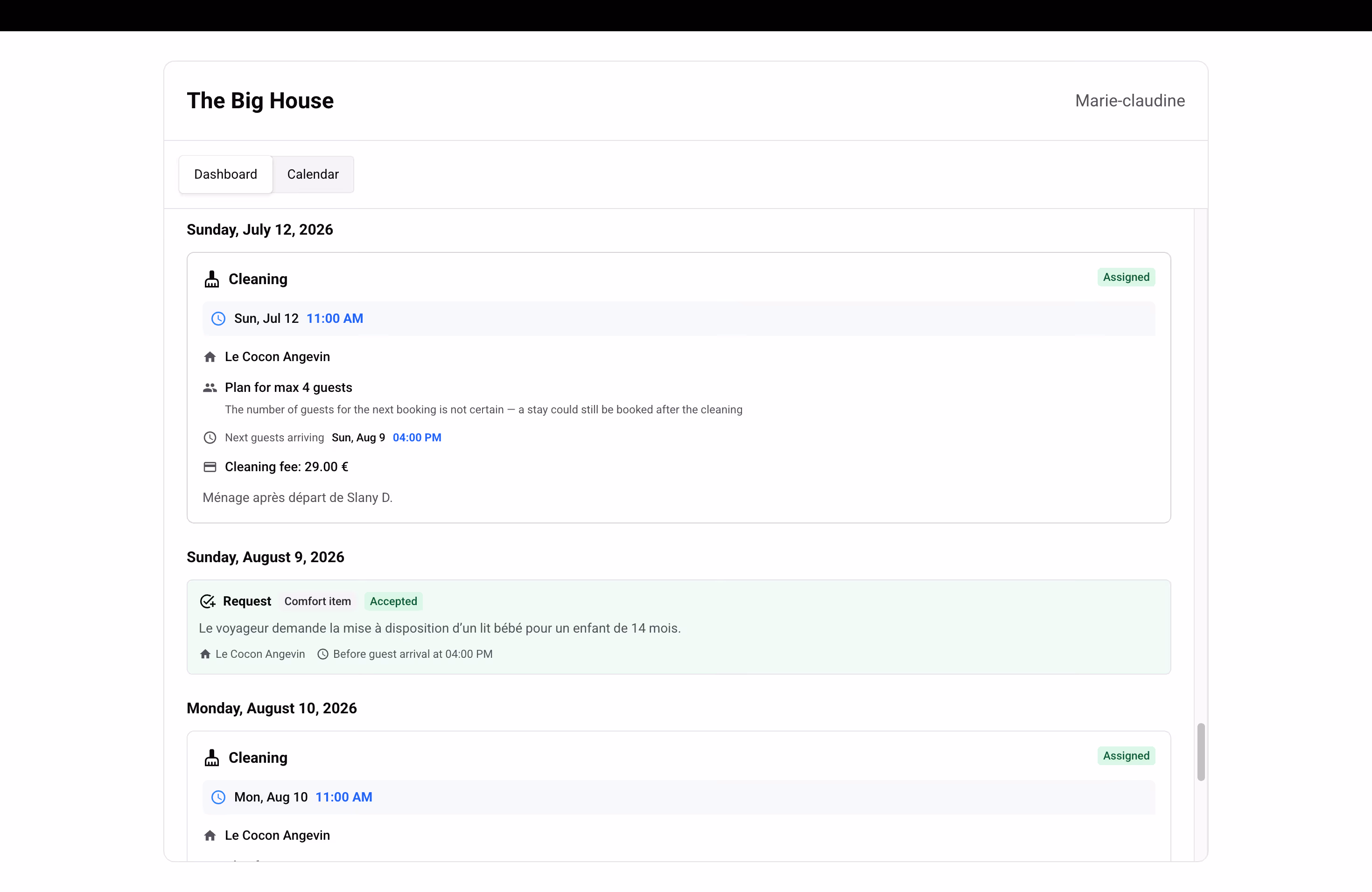Dashboard tab showing a cleaning mission and a guest inquiry
