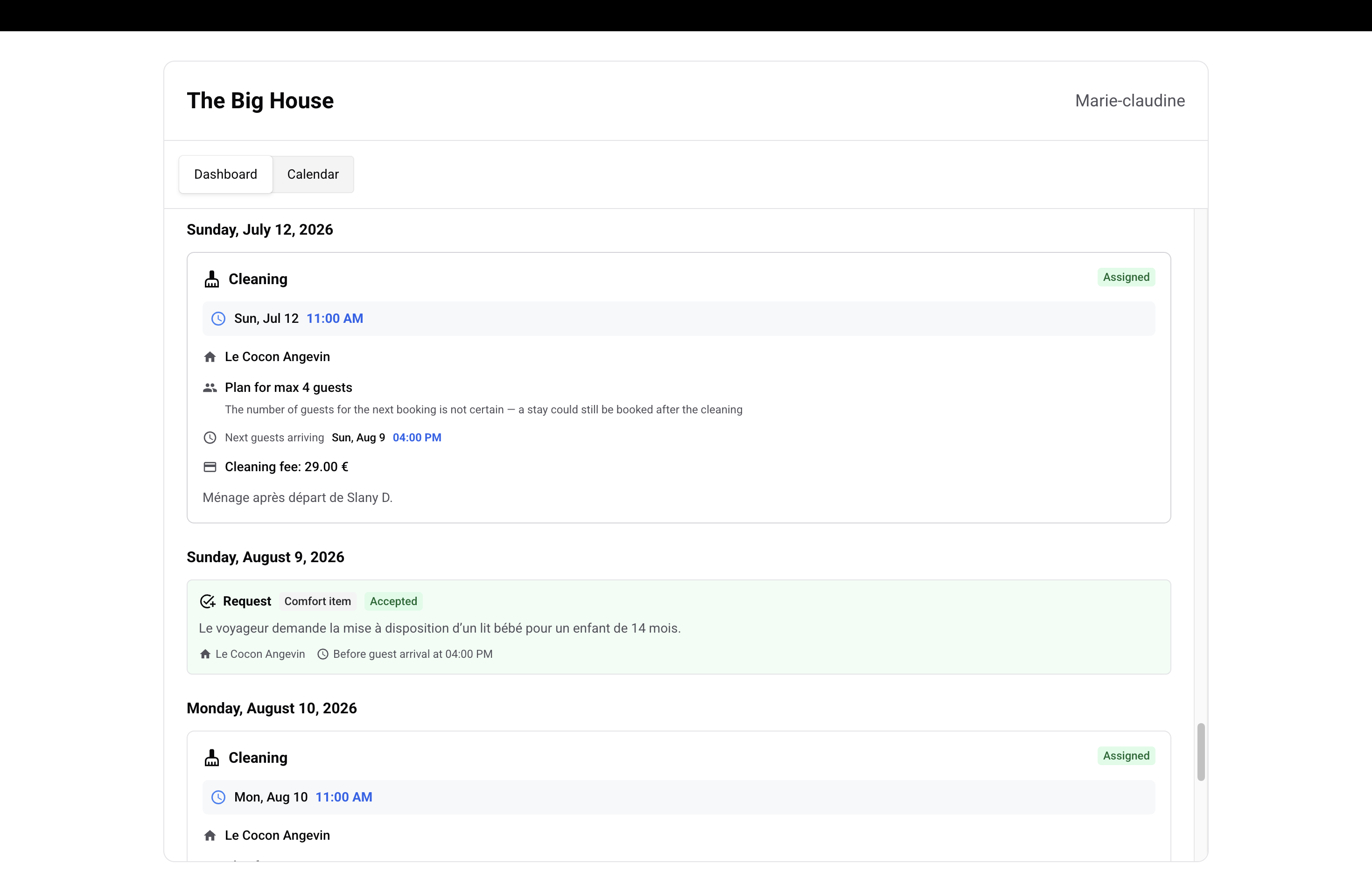 Dashboard tab showing a cleaning mission and a guest inquiry