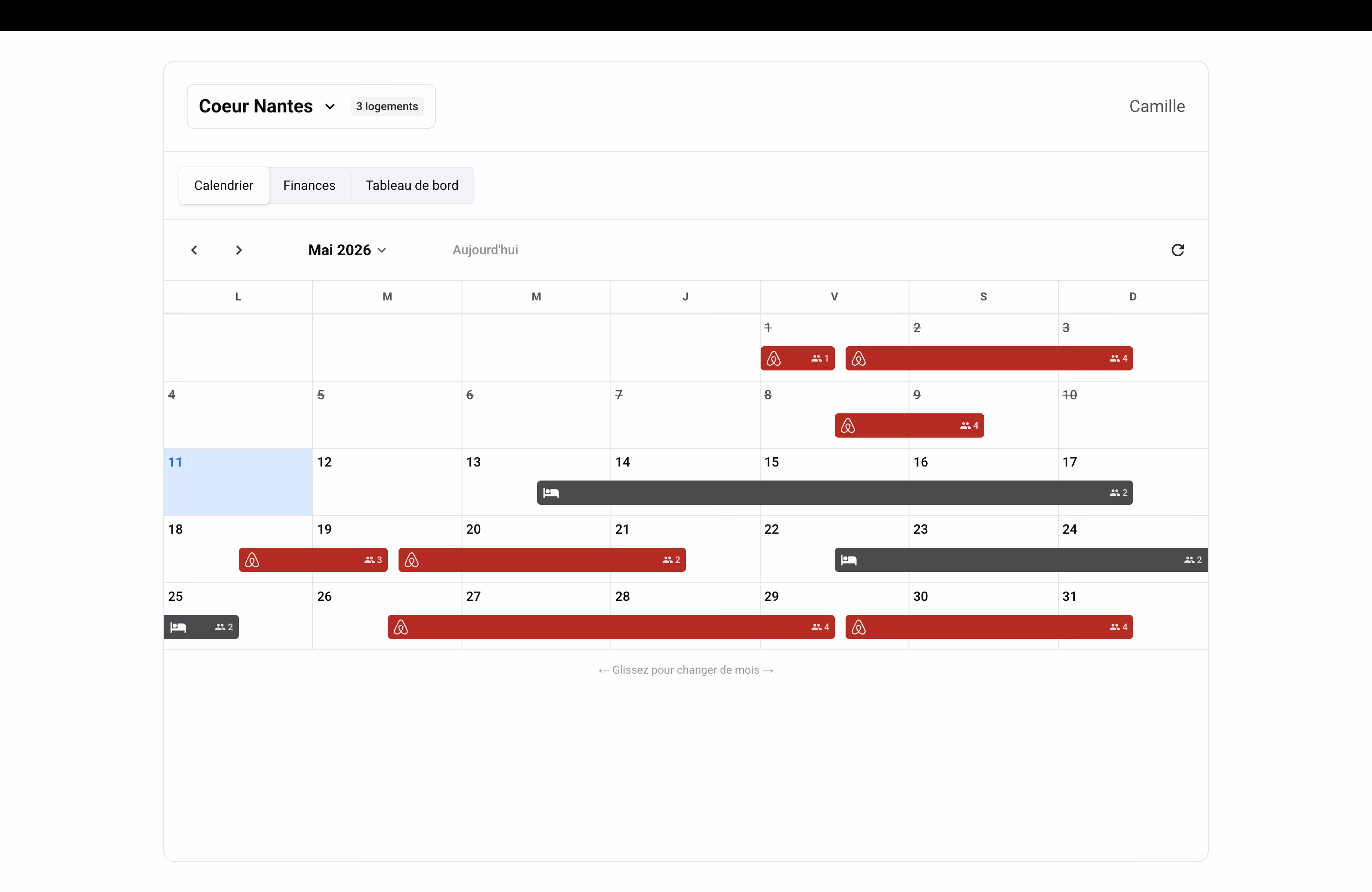 Onglet Calendrier du tableau de bord partagé