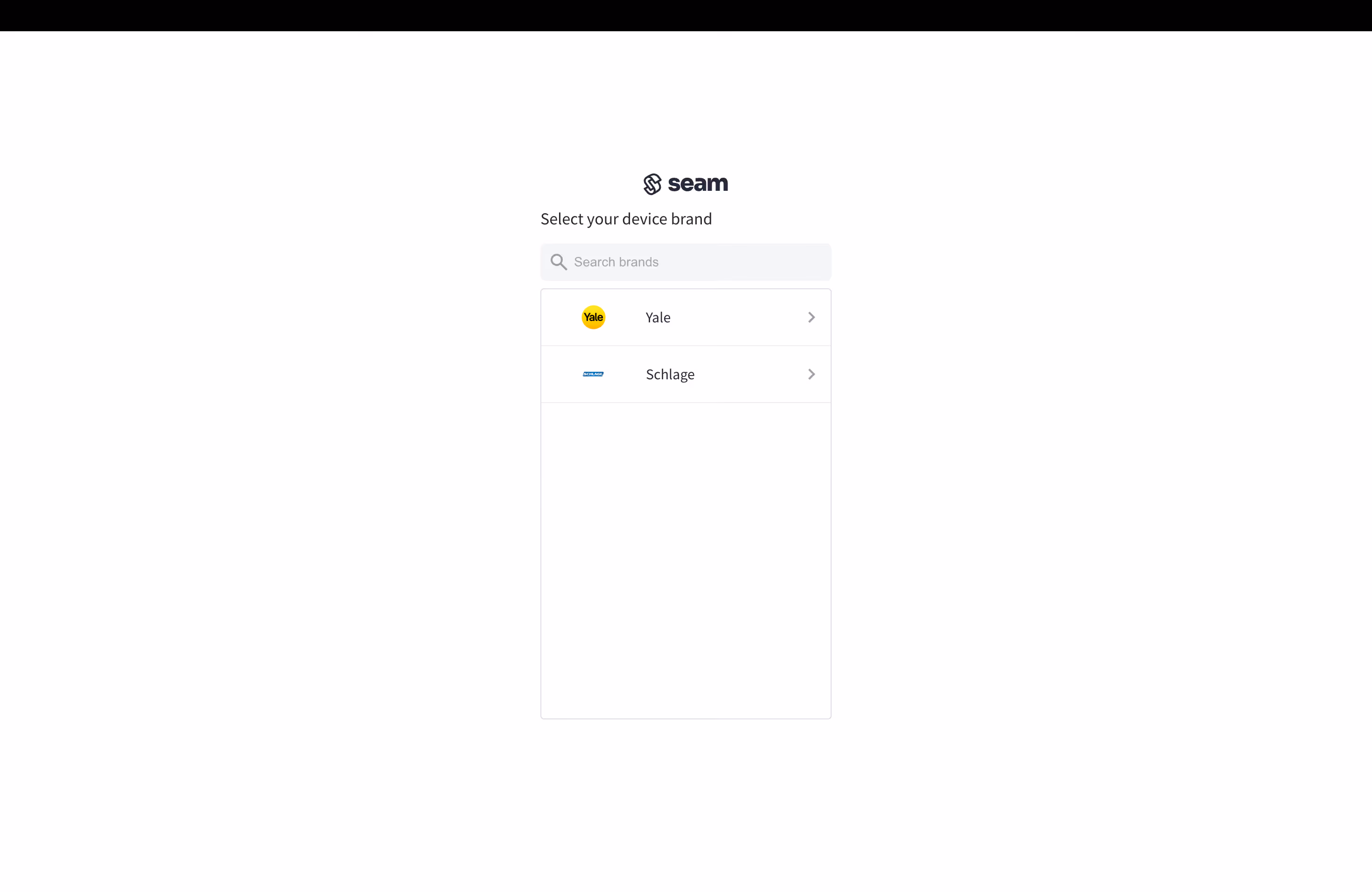 Brand selection screen with Yale highlighted
