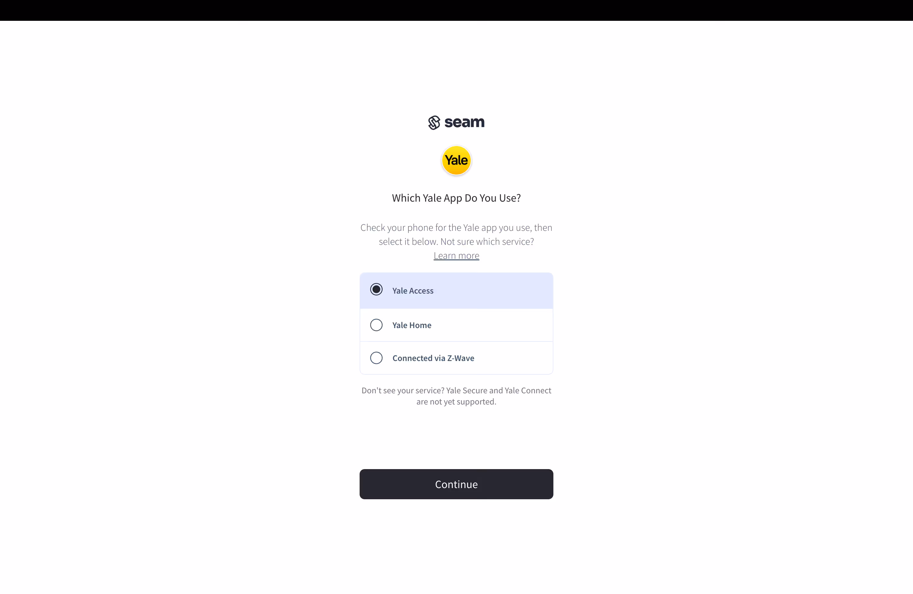 Yale app selection screen showing Yale Access, Yale Home, and Connected via Z-Wave