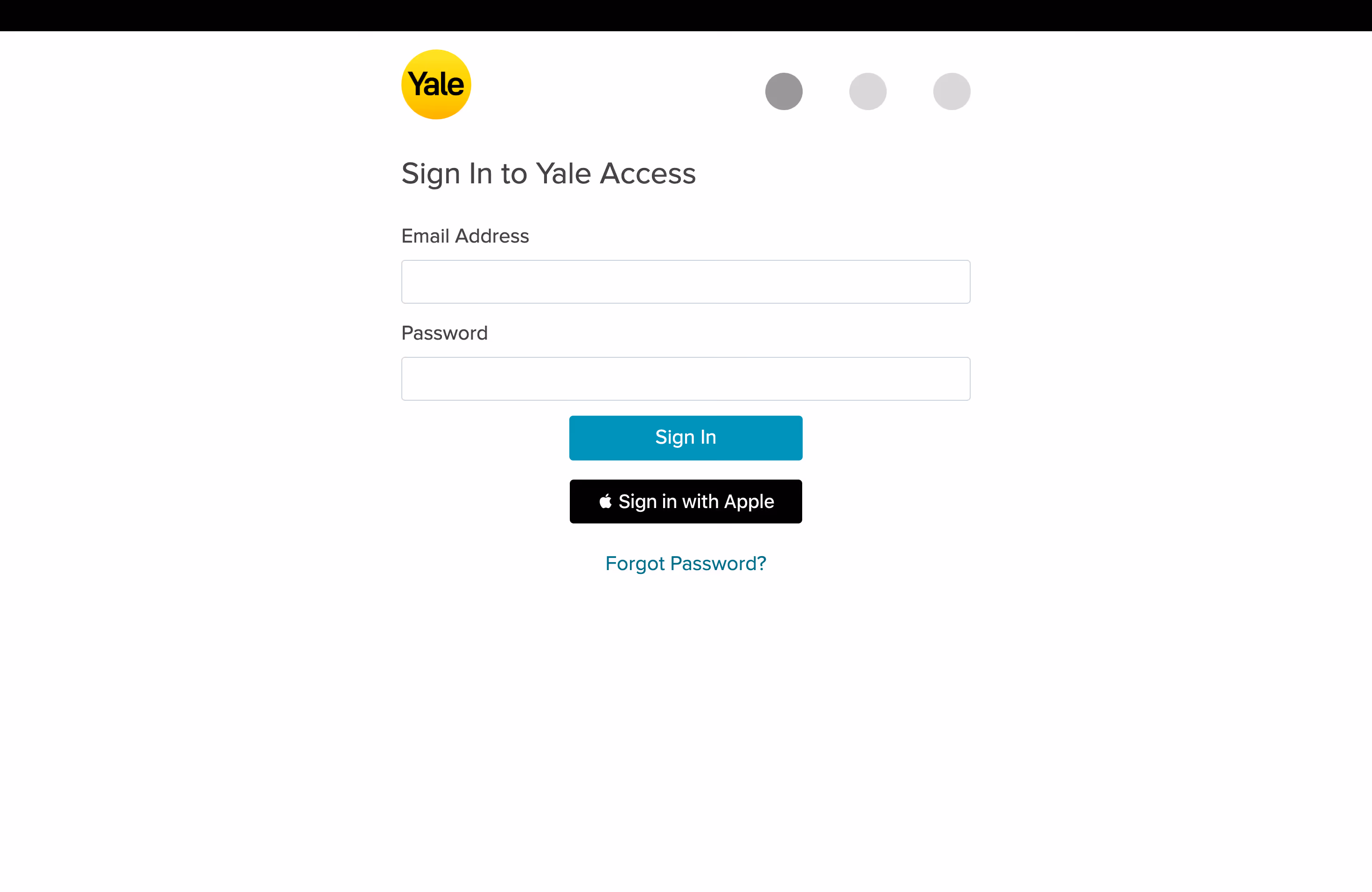 Yale Access sign-in screen with email and password fields