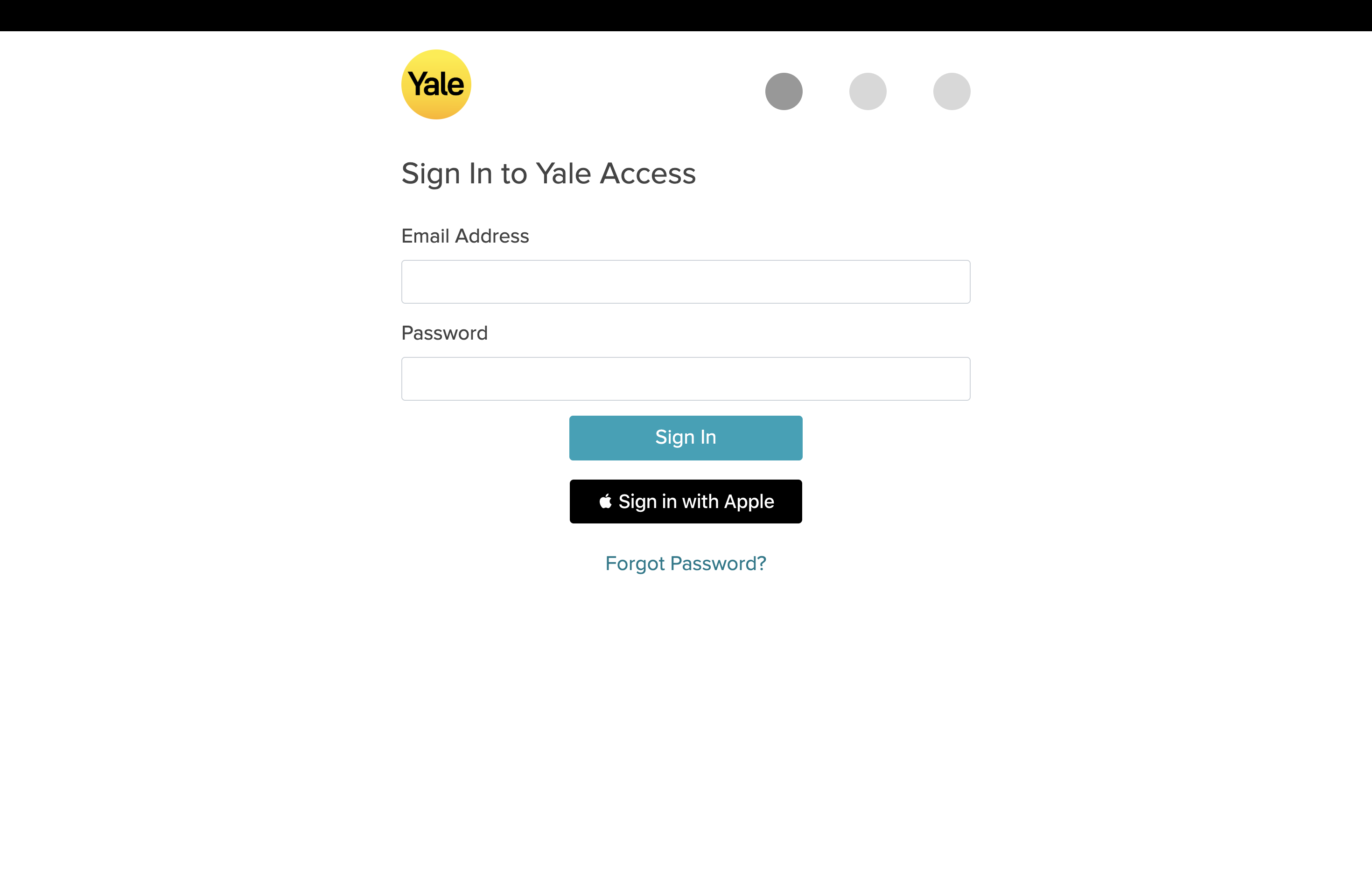 Yale Access sign-in screen with email and password fields