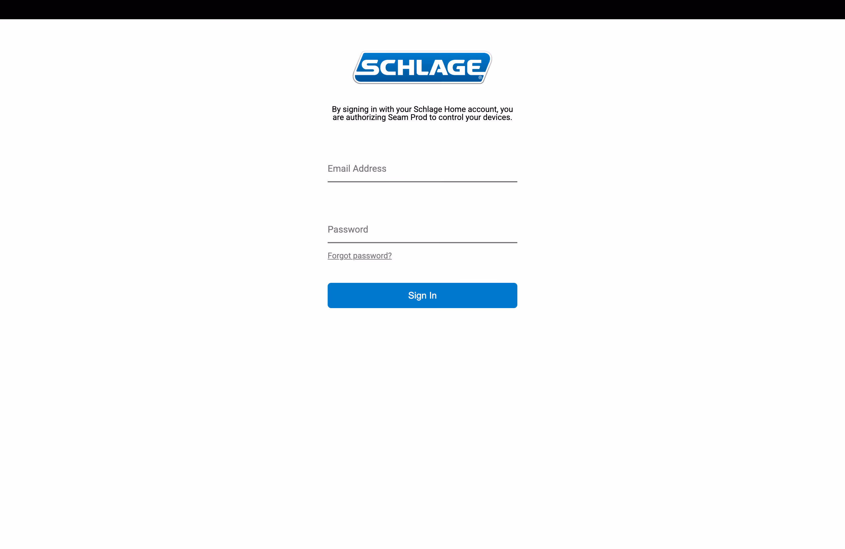 Schlage Home sign-in screen with email and password fields