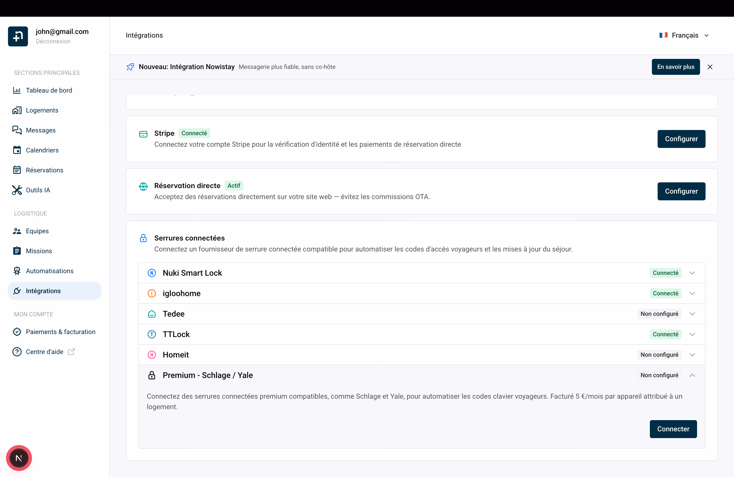 Page Intégrations Nowistay avec la carte Premium - Schlage / Yale dans Serrures connectées