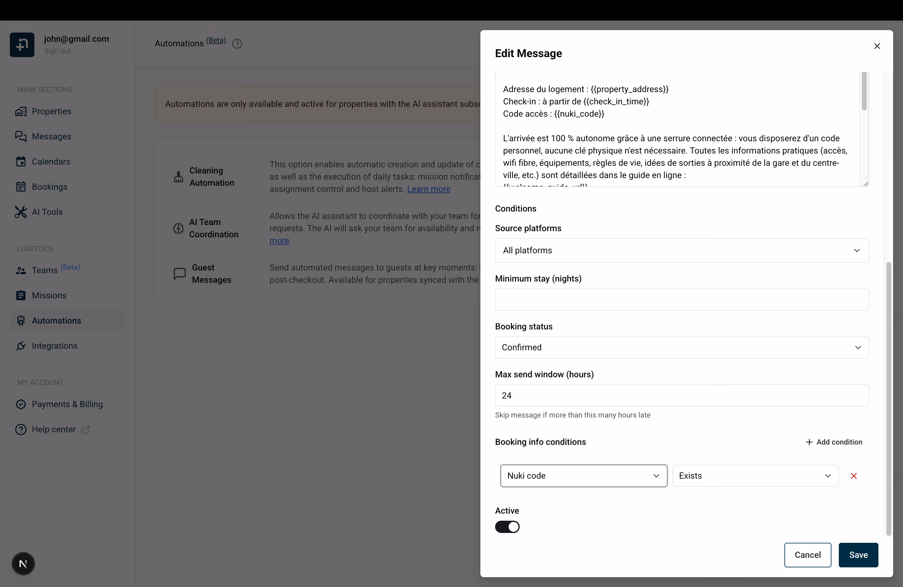 Conditions section of the template editor showing Source platforms filter with VRBO option