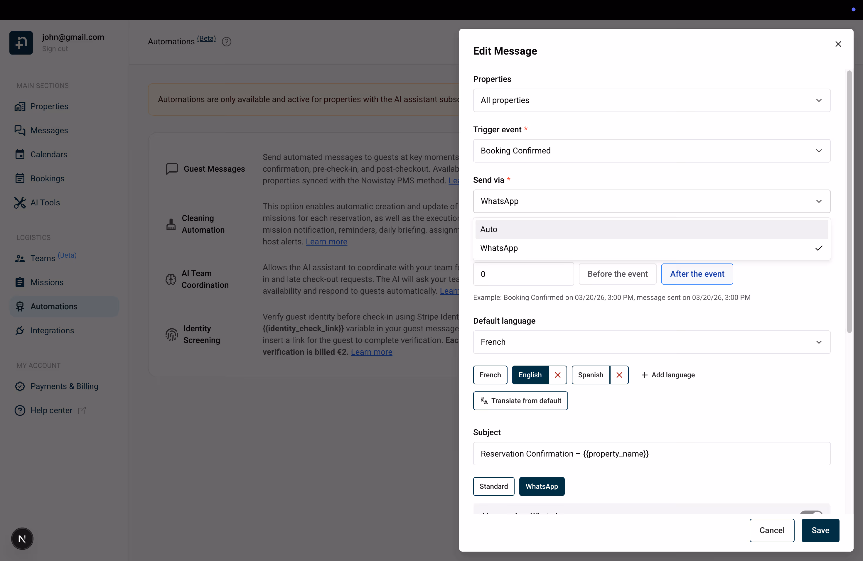 Template editor showing Send via dropdown with Auto and WhatsApp delivery options
