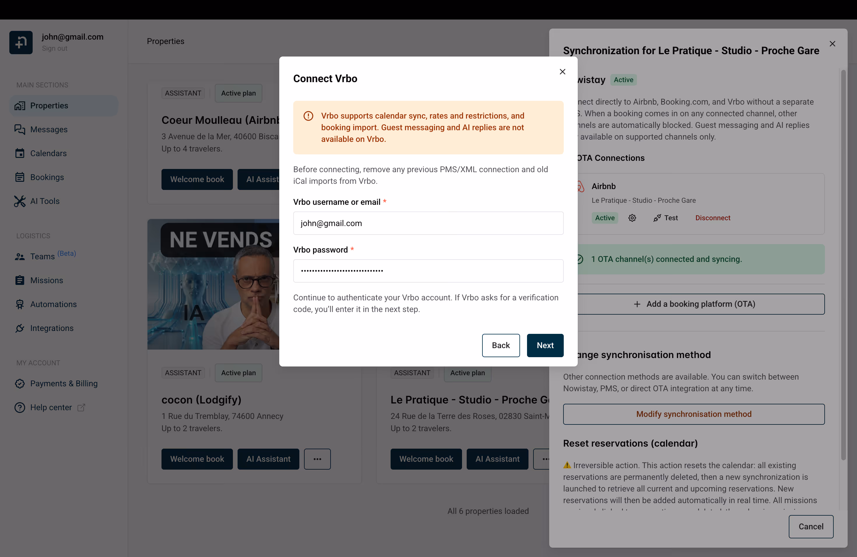 Connect Vrbo dialog showing the warning banner and credential fields