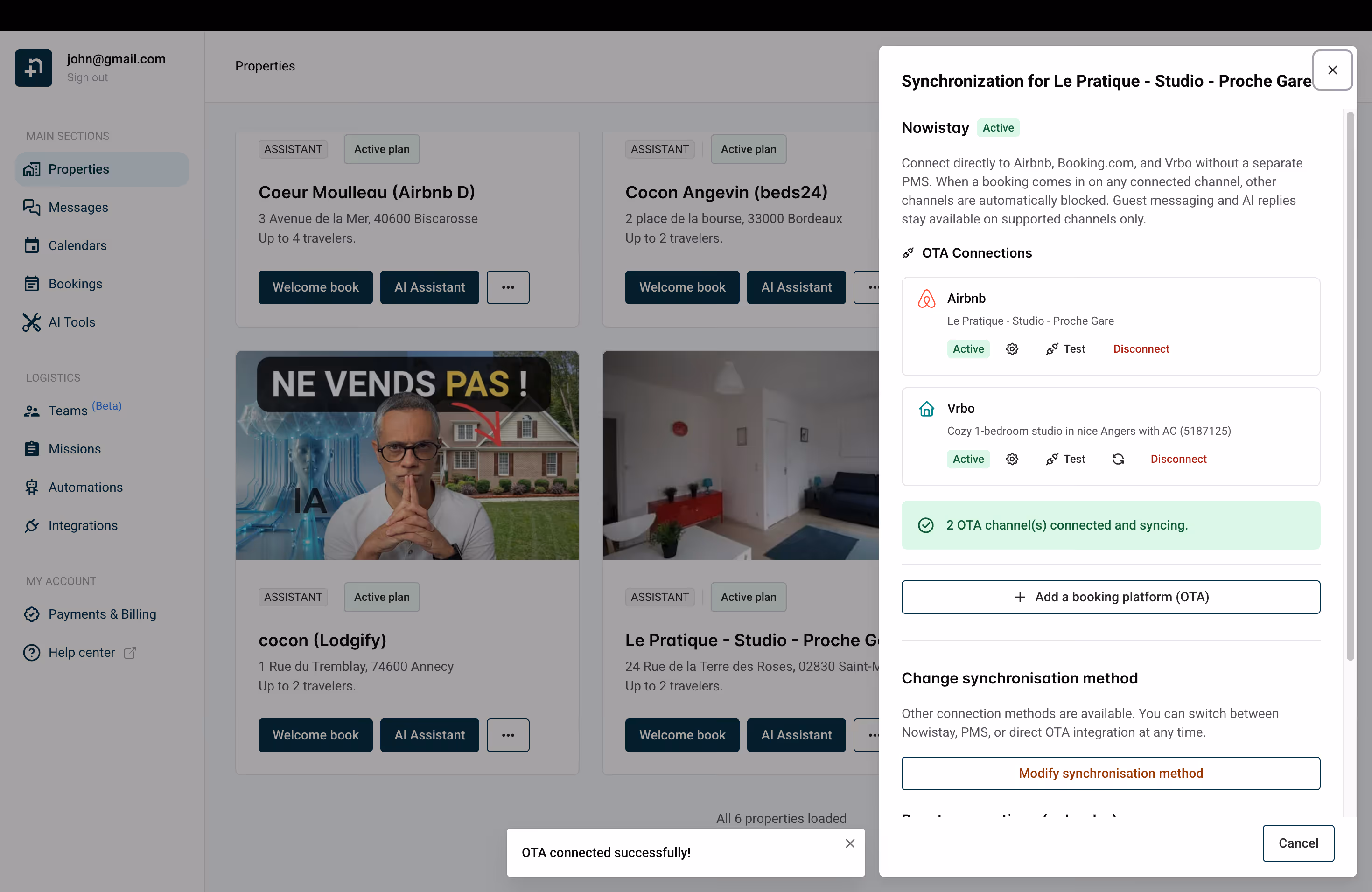 Synchronization drawer showing Vrbo connected with Active status and success notification