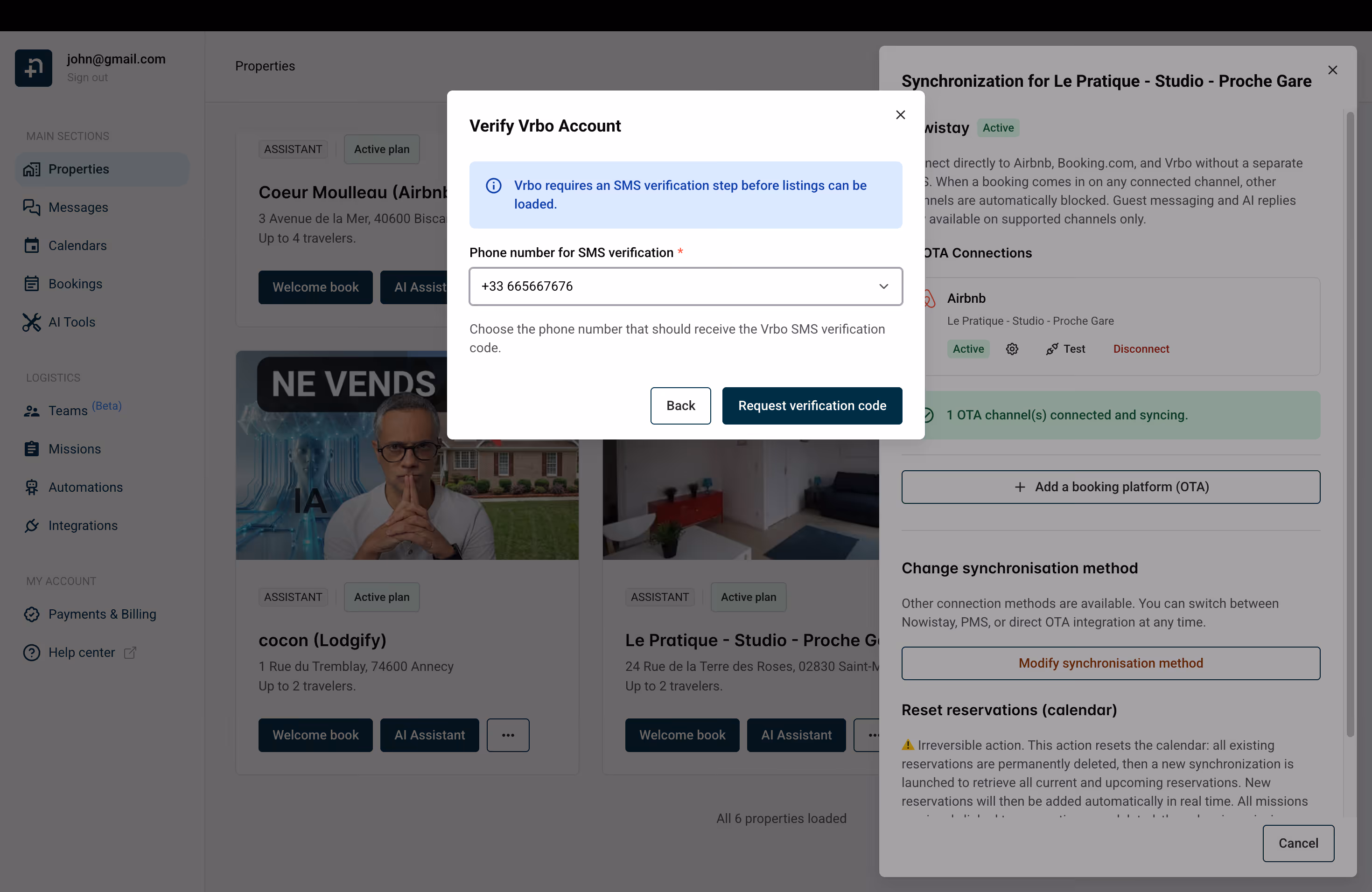 Verify Vrbo Account dialog showing phone number selection for SMS verification