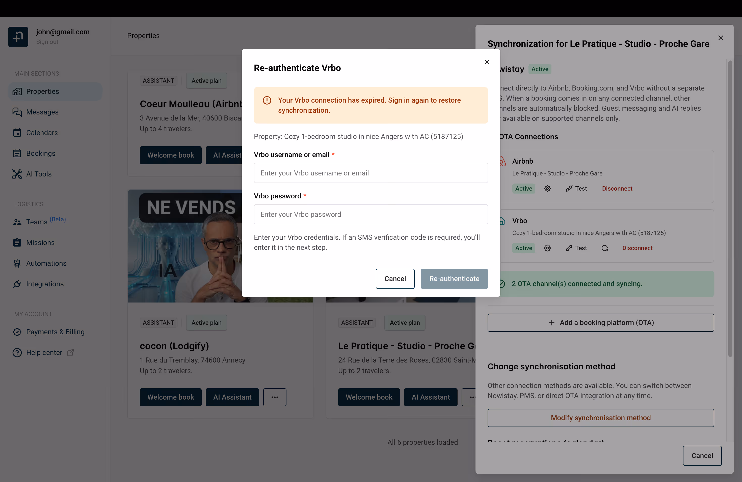 Re-authenticate Vrbo dialog showing credential fields and re-authenticate button