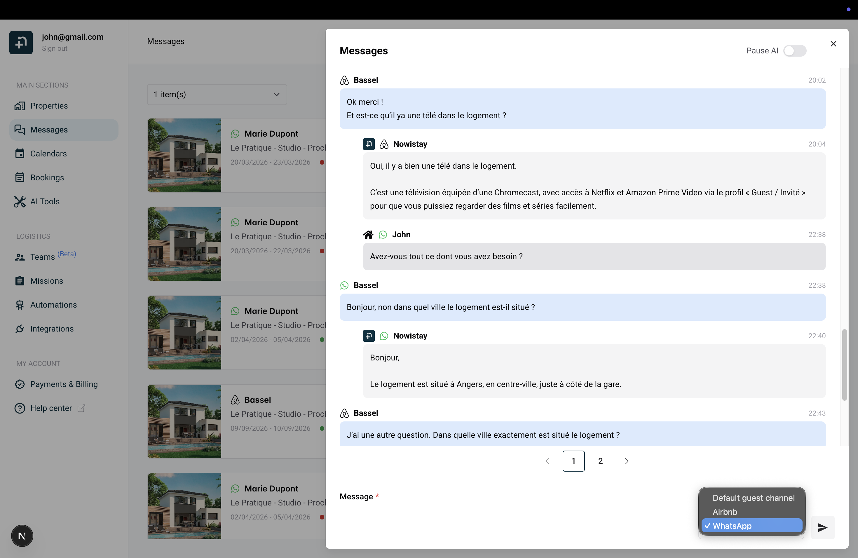 Unified message thread showing WhatsApp and OTA messages in one conversation