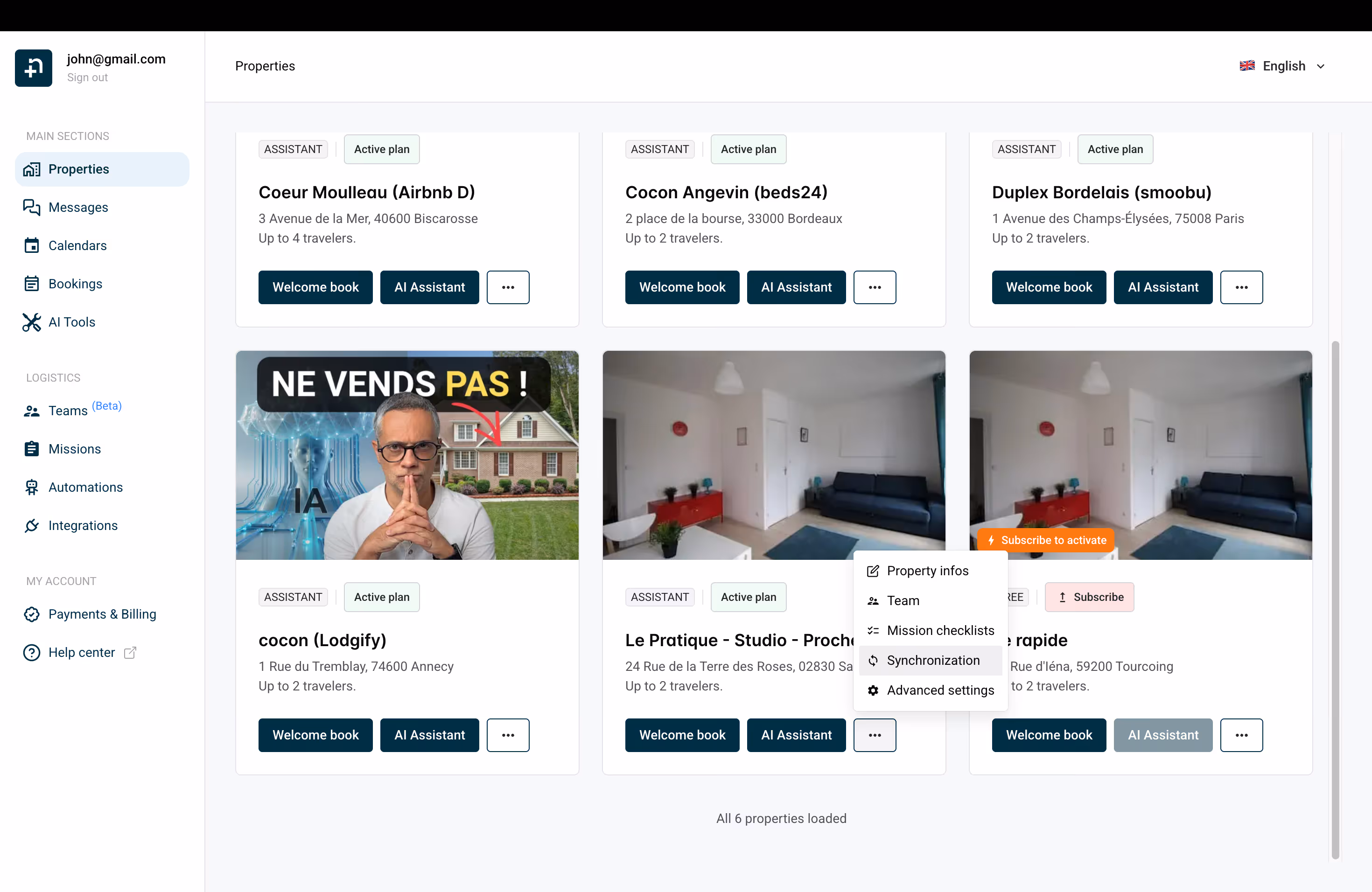 Property card menu showing the Synchronization option in Nowistay
