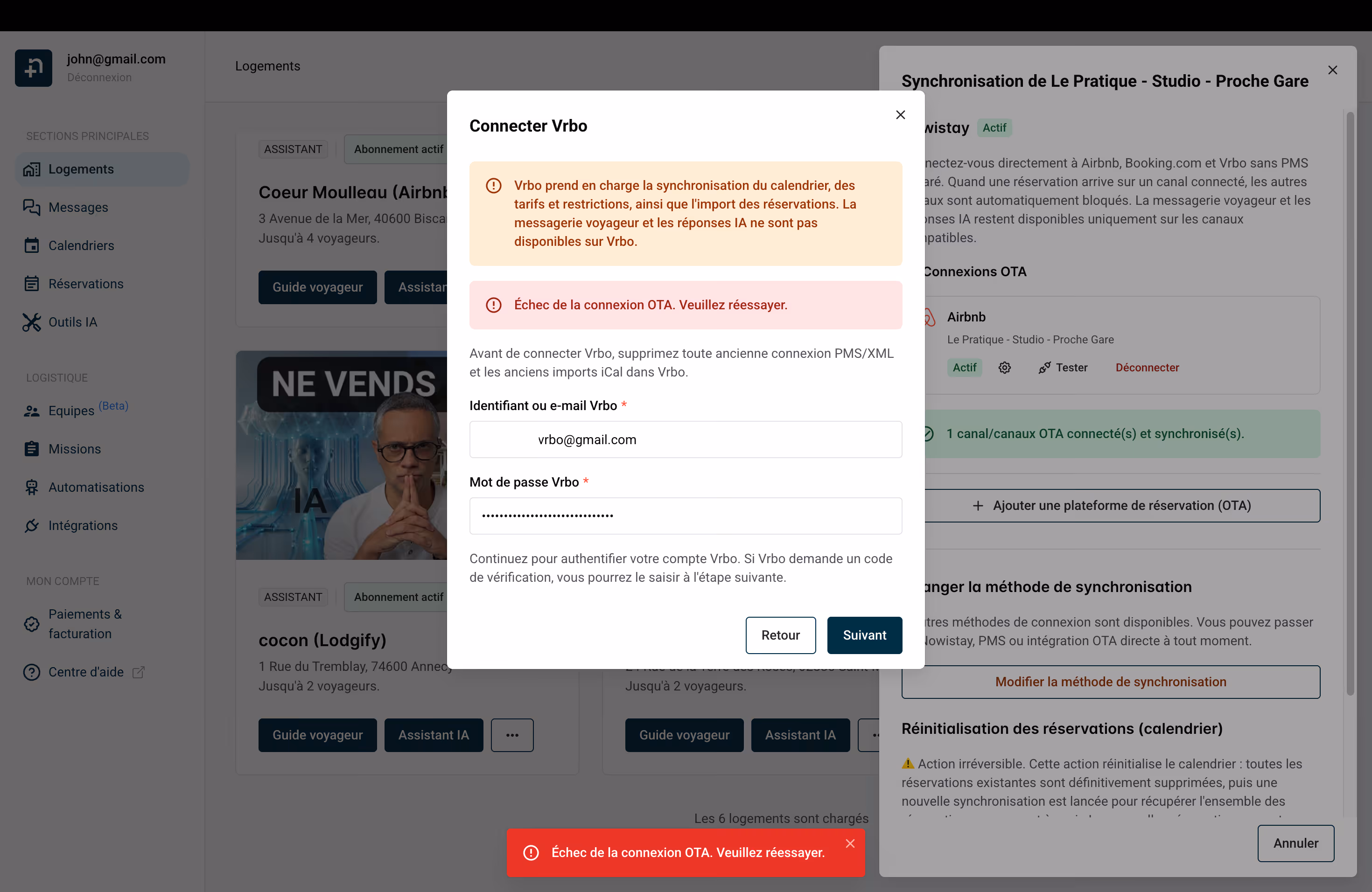 Message d’erreur de connexion : Échec de la connexion OTA. Veuillez réessayer.