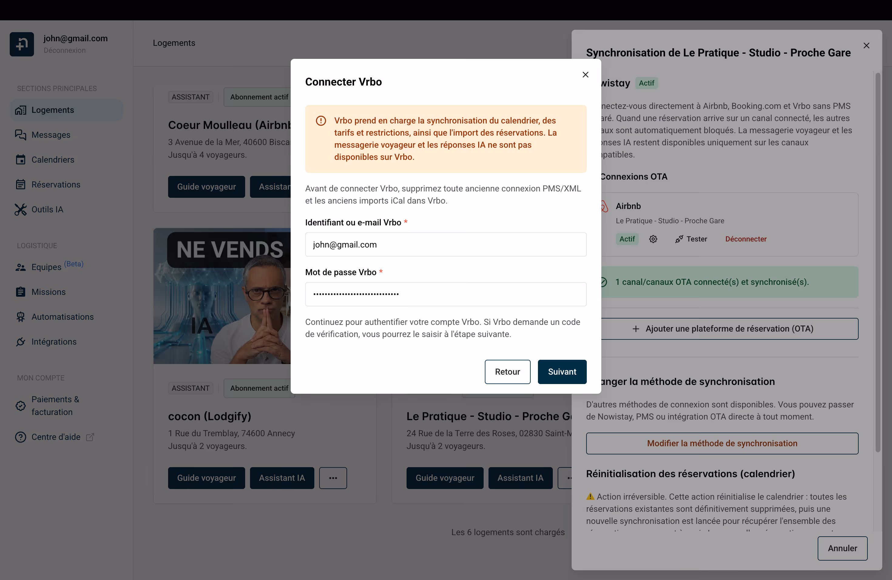Fenêtre Connecter Vrbo montrant le bandeau d’avertissement et les champs d’identifiants