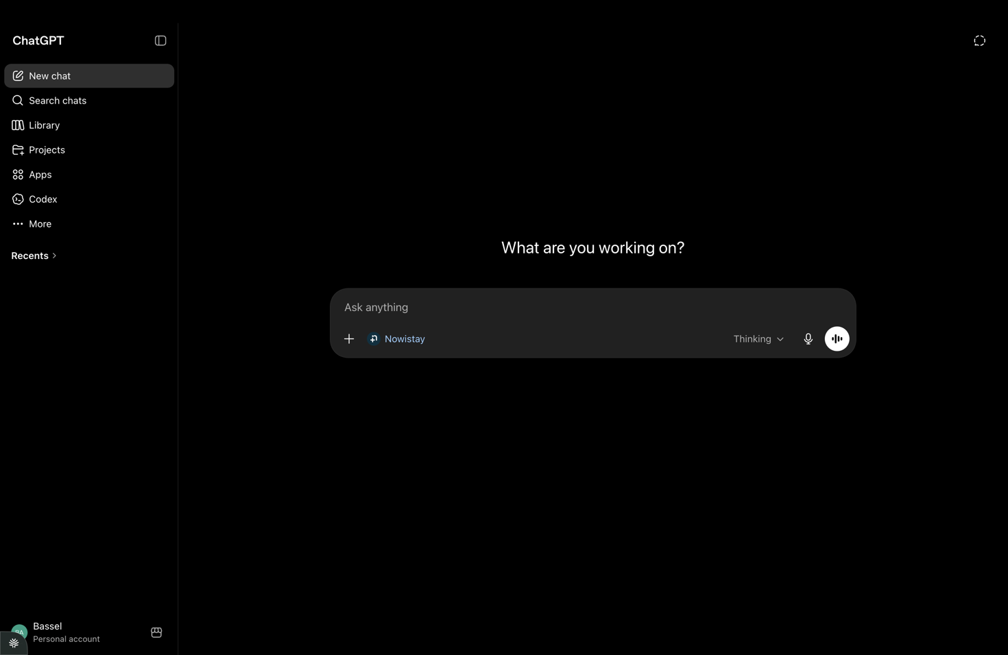 A new ChatGPT chat with the Nowistay app selected in the prompt bar