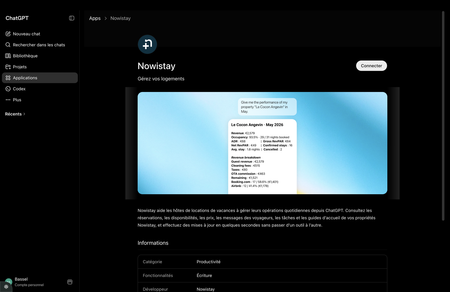 La page de l’application Nowistay dans ChatGPT avec le bouton Connecter