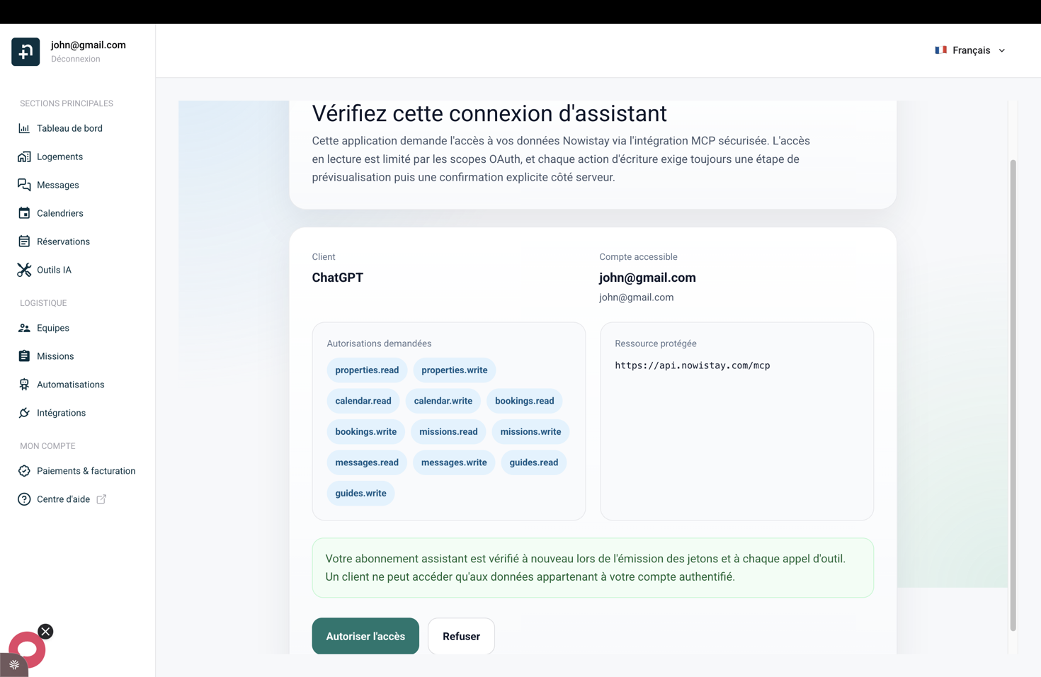 L’écran de vérification de la connexion d’assistant Nowistay avec les autorisations demandées et le bouton Autoriser l’accès